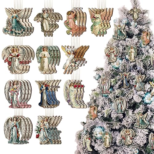 Ovveroche 36 PCS Vintage Angel Christmas Tree Ornaments, Wooden Rustic