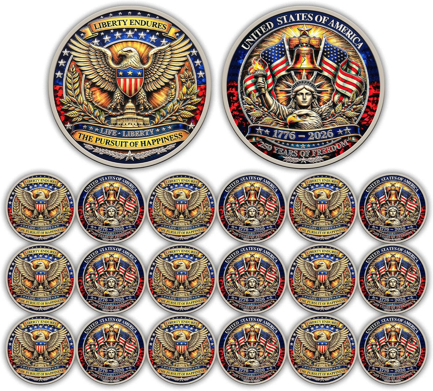 10Pcs USA 250th Anniversary Challenge Coin – High Relief Bald Eagle & Liberty Bell Patriotic Symbols Collectible, America 250 Merchandise for Independence Day Celebration & Gifting (Style-1)