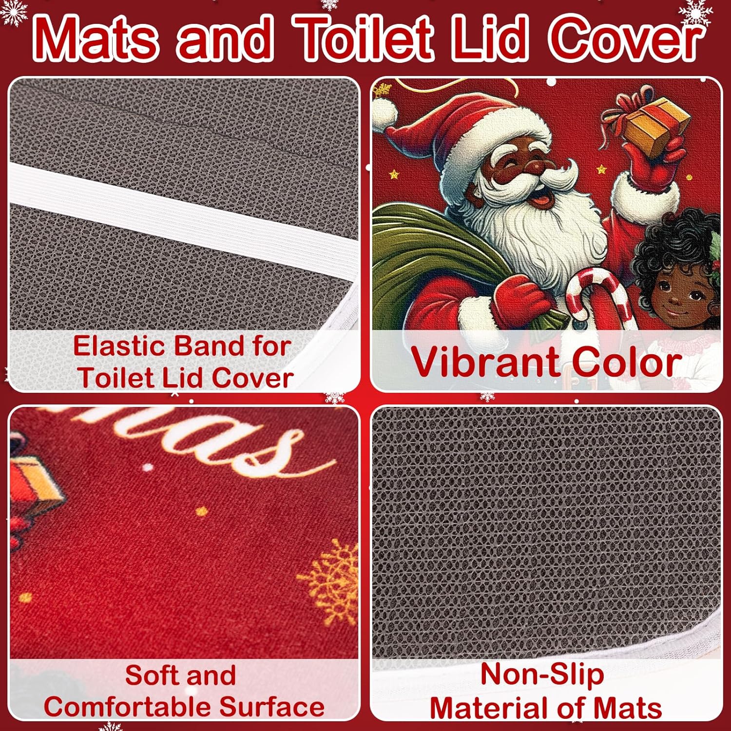 Tieshankao 4Pcs Christmas Shower Curtain Bathroom Set - Black Santa Claus Girl Non Slip Rugs Toilet Lid Cover Bath Mat with 12 Hooks Xmas Decorations