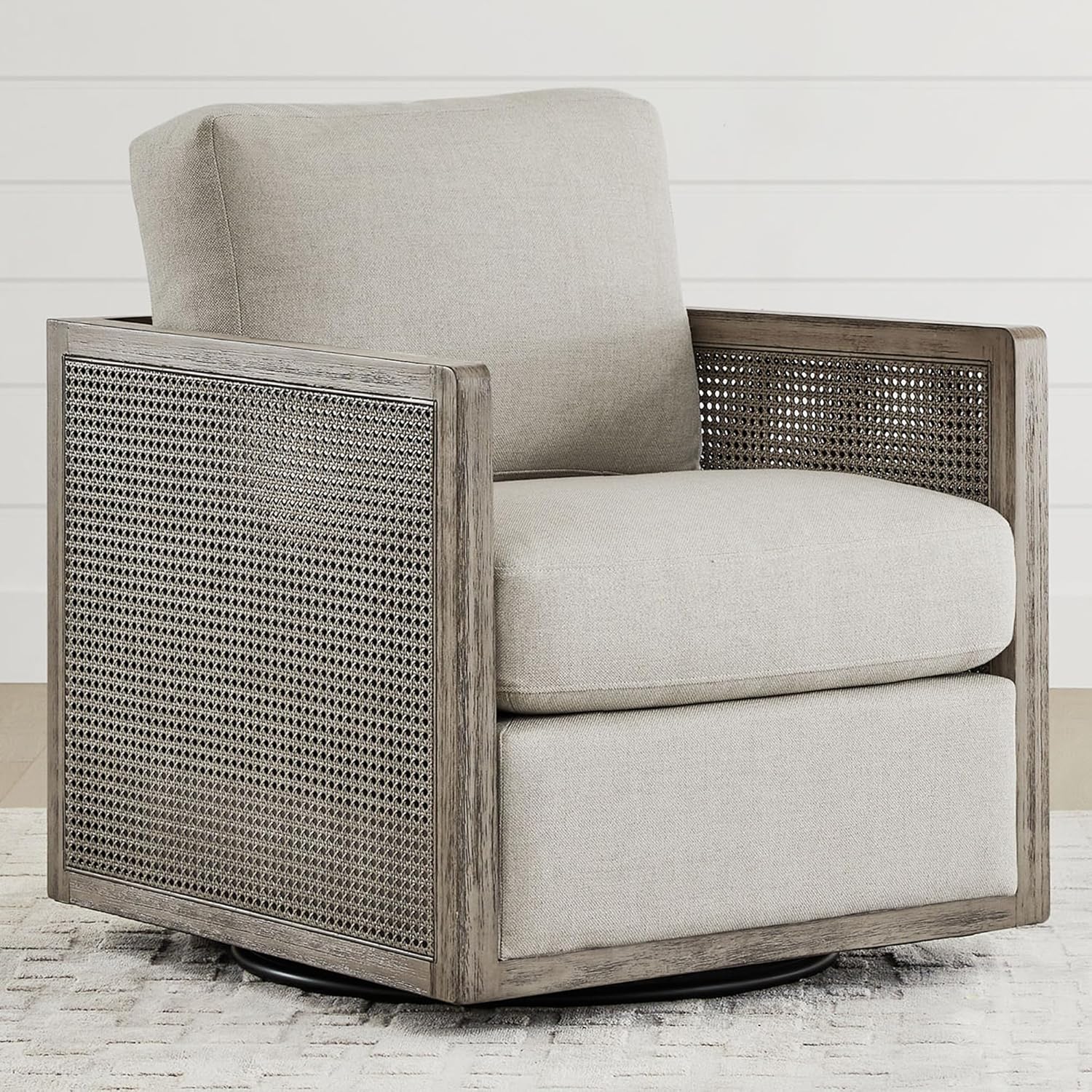 CHITA Swivel Accent Chair, Rattan Arm Chair for Living Room and Bedroom, Fully Assembled, Light Grey Fabric with Grey Frame