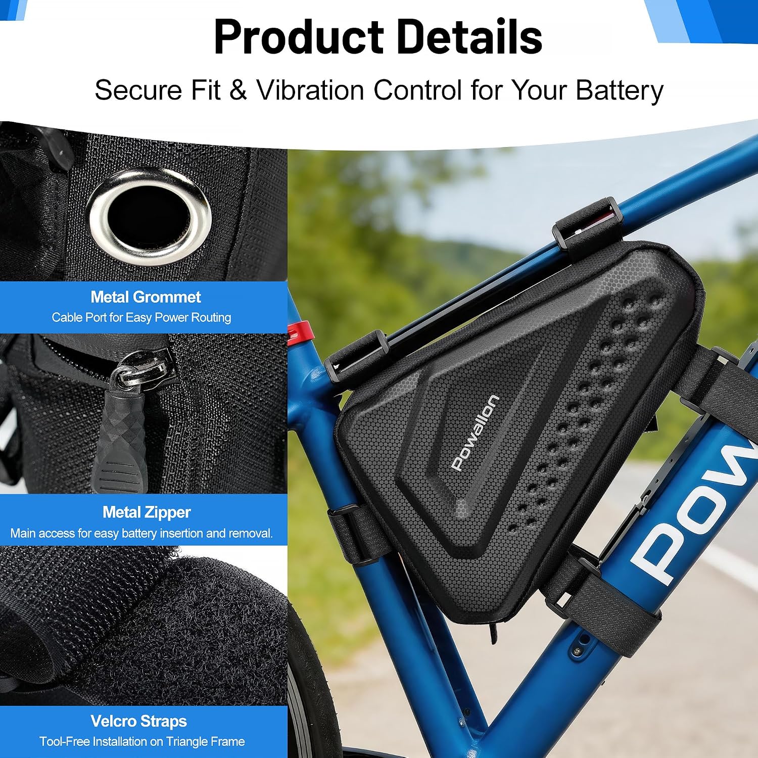 Electric Bicycle Triangle Battery Bag, Large Capacity Carrying Kit TPU Hard Shell Water Resistant, 12 Inch, IPX4 Splashproof, 5 Fastening, Fits Various Battery Arrangements;