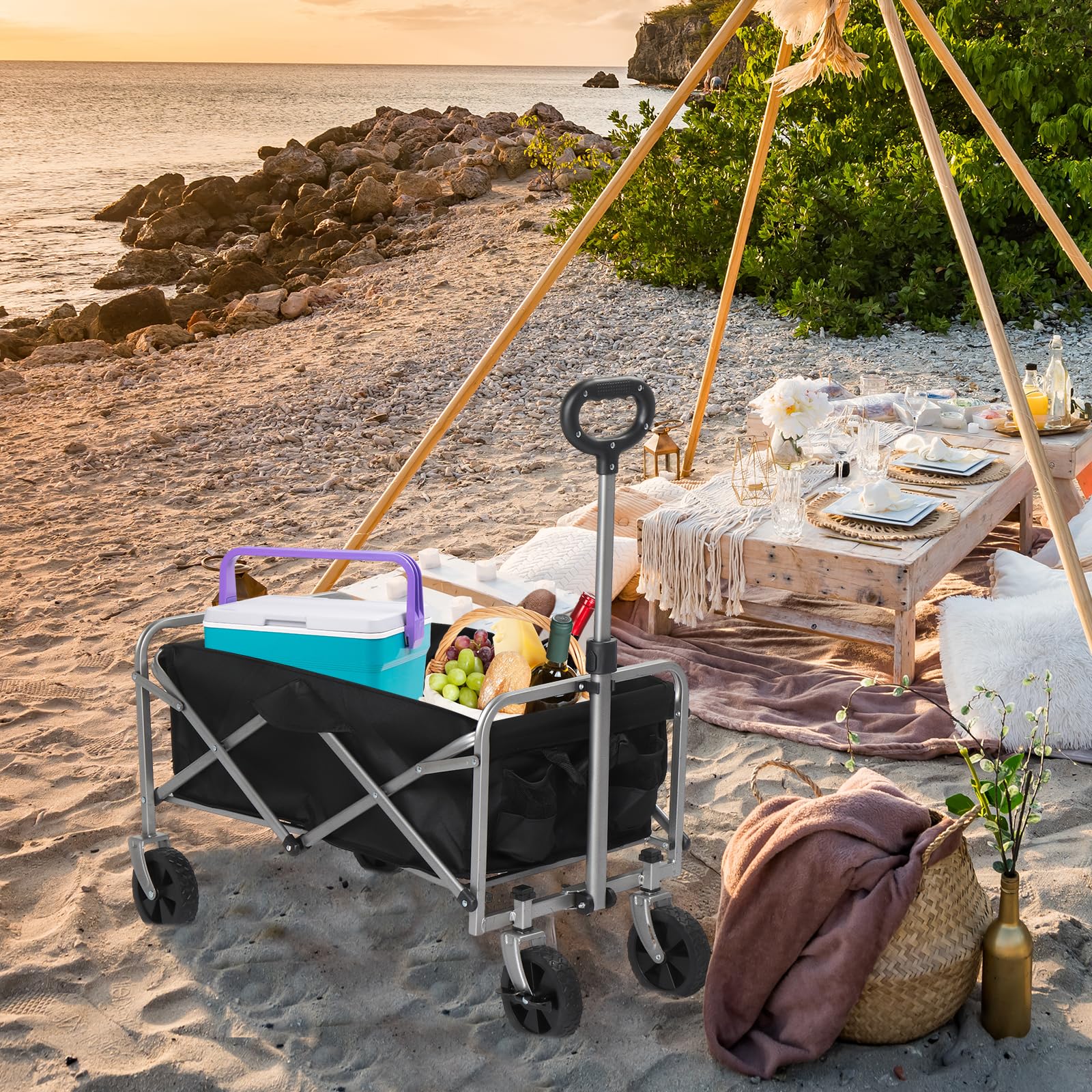 LEADZM Chariot Pliable, Chariot à roulettes avec Jusqu’à 100KG, Petit et léger, pour Transport, Extérieur Camping, Jardin, Festival, Noir argenté
