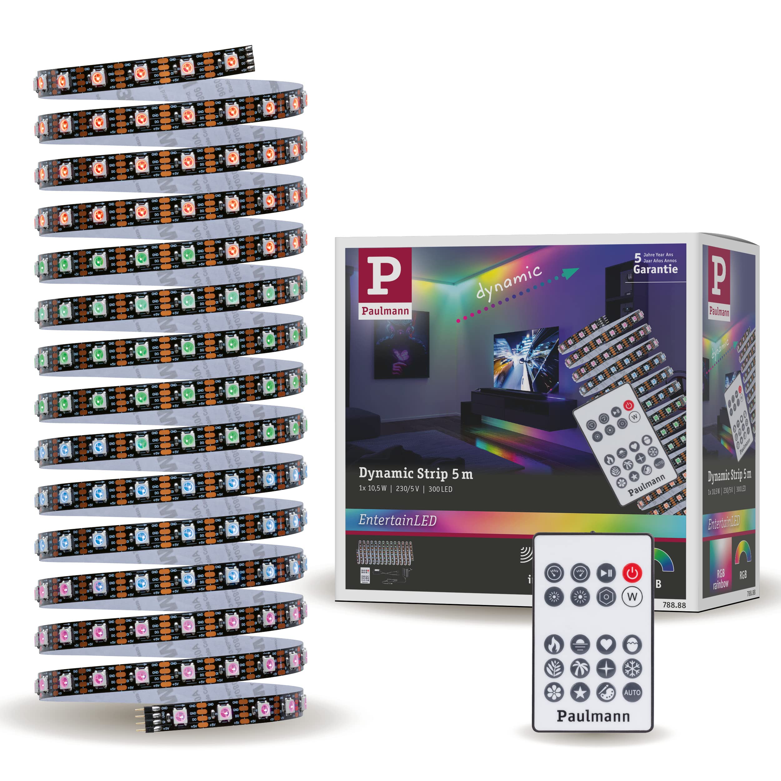 Paulmann 78888 Strip LED Dynamic Set 5m Dynamic Rainbow RGB IP20 12V CC incl. 1x10,5W, regulable, tira de luces, blanco, plástico