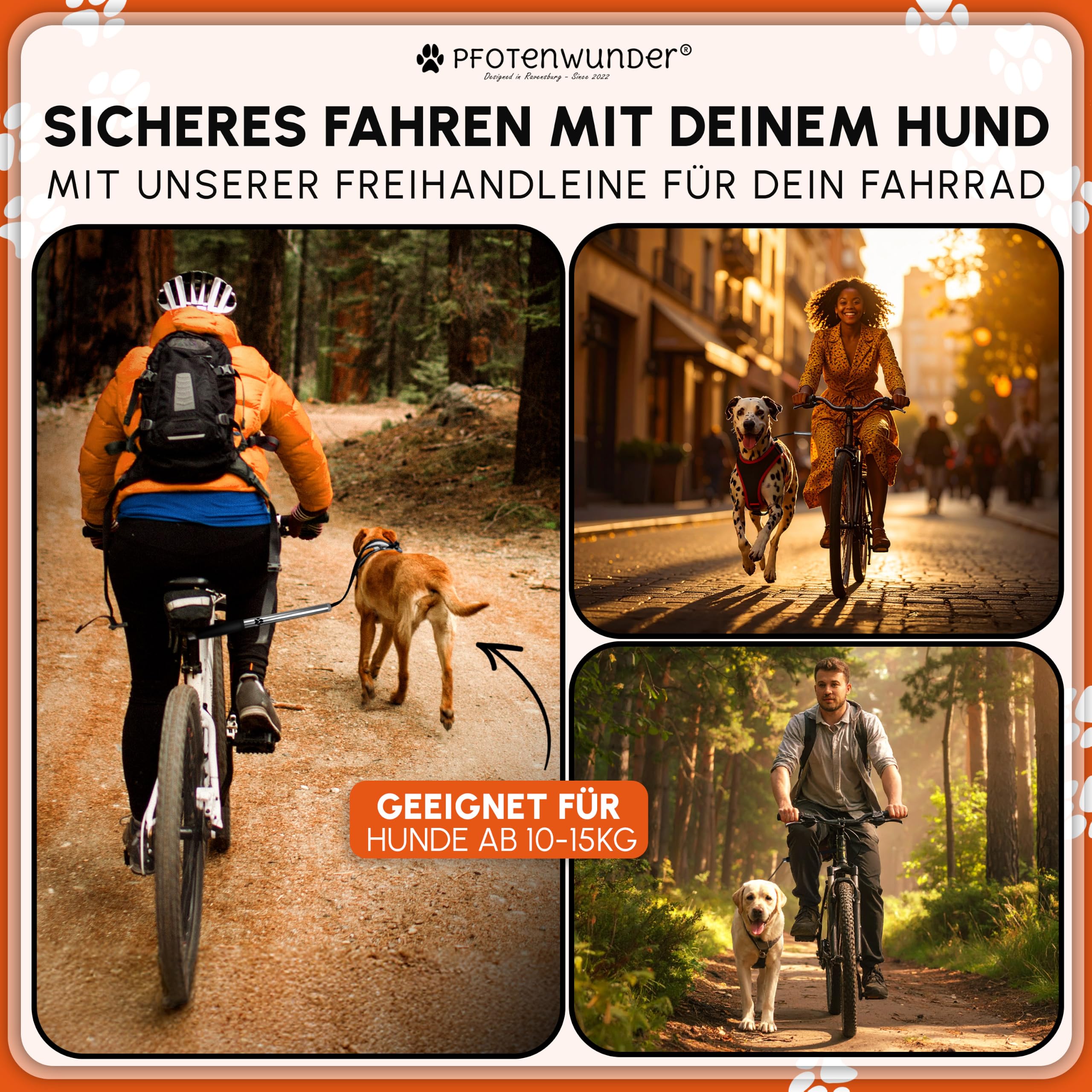 PFOTENWUNDER® Hunde-Fahrradleine + 1 elastische Hundeleine & 1 Trainingsbuch, extra Dicke 6mm-Leine | Abstandhalter Fahrradhalter aus hochwertigem Edelstahl mit Stoßdämpfern
