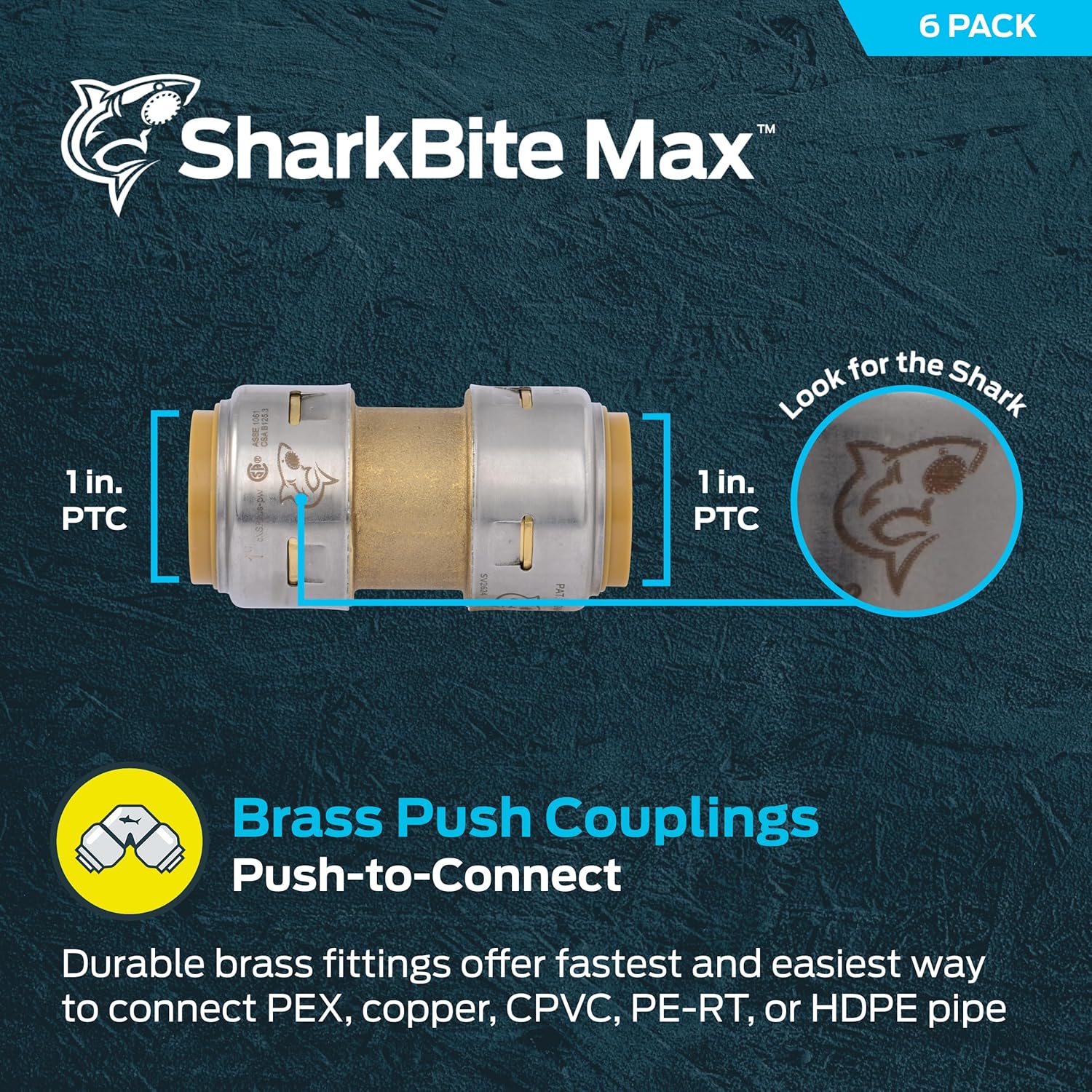 SharkBite Max 1 Inch Coupling, Pack of 6, Push to Connect Brass Plumbing Fitting, PEX Pipe, Copper, CPVC, PE-RT, HDPE, UR020
