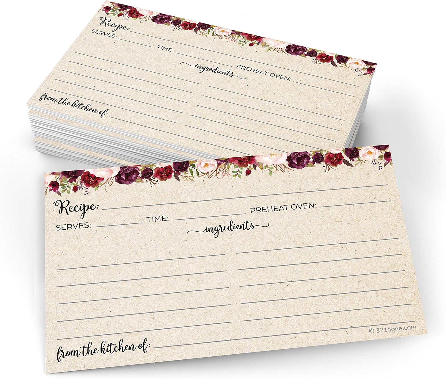 321Done Recipe Cards - Set of 50, Double-Sided Thick 3x5 Blank Recipe Cards, Tan Kraft Red Roses Design for Bridal Shower & Wedding Gift, Made in USA