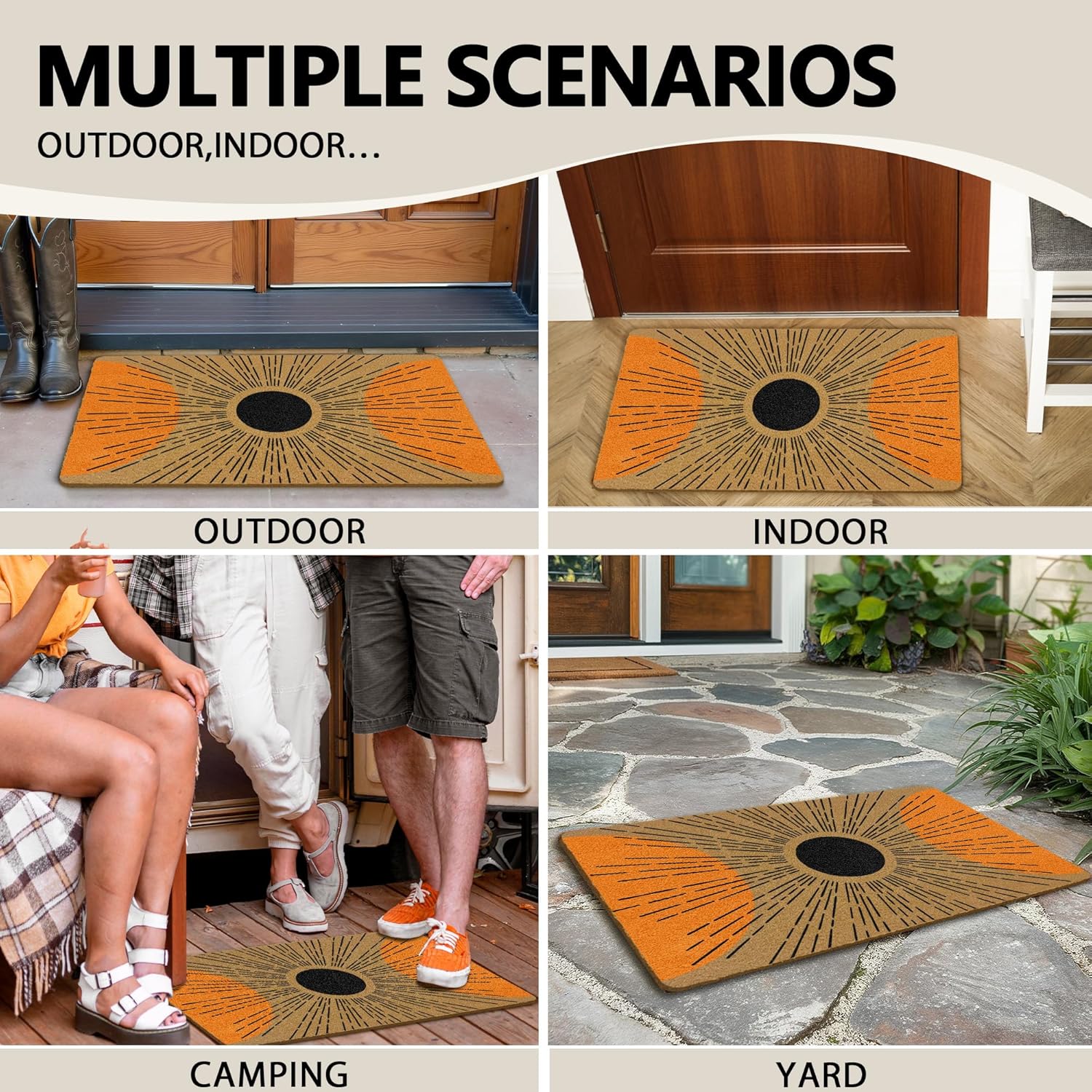 Boho Abstract Coir Door Mats Outdoor, Mid Century Modern Abstract Minimalist Sunshine Front Door Mat Outside Entrance, Boho Doormat Outdoor Indoor Entrance for Home Entryway Decor, 17x30in