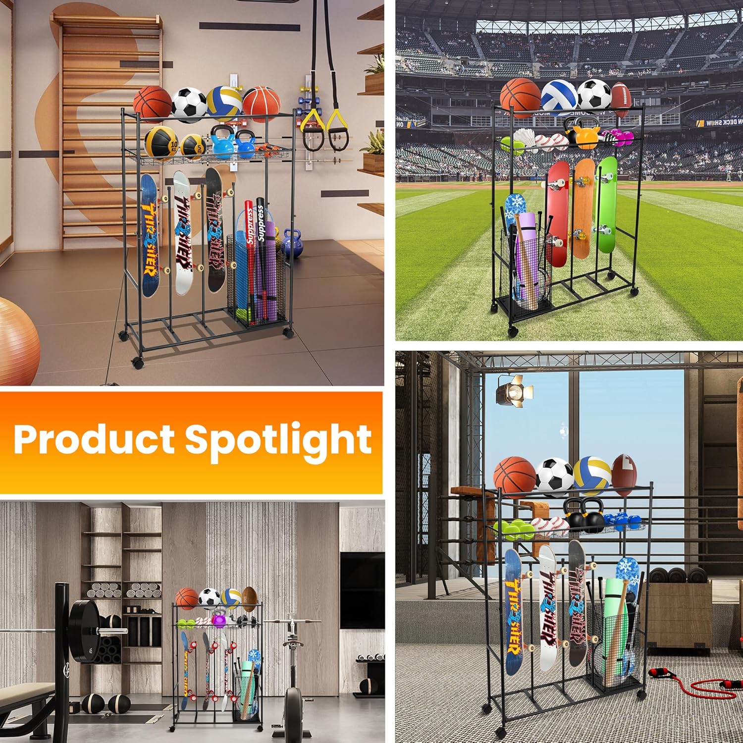 GENMOUS Skateboard Storage Rack with Wheels, Sports Garage Ball Storage Organization Equipment Organizer, Rolling Sports Ball Cart for Balls, Sports Gear Holder, Baseball Bat, Indoor Outdoor image 9 of 9 B0DB83815Q