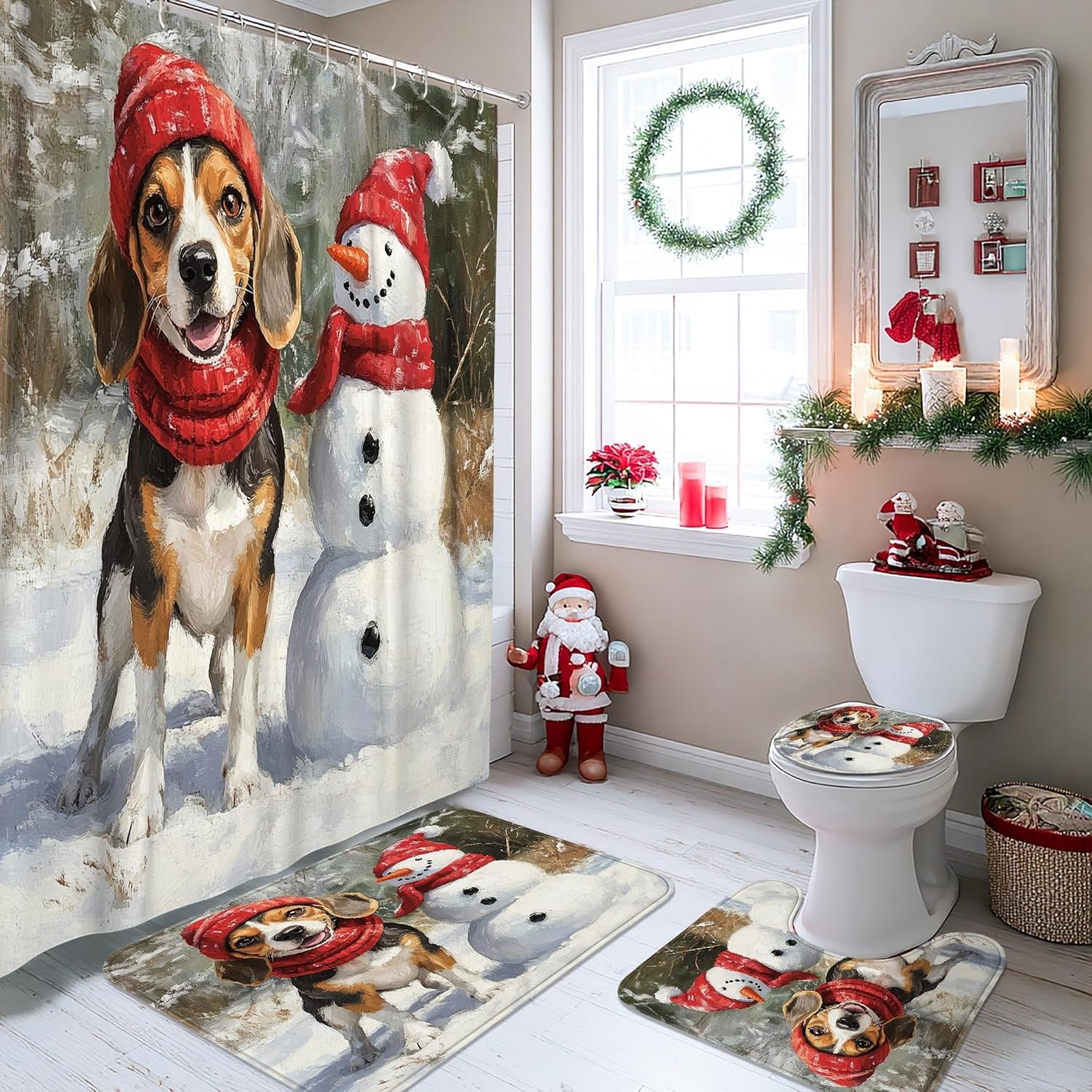 4PCS Winter Christmas Beagle Dog Bathroom Sets with Non-Slip Rug, U Shape Toilet Lid Cover Mat, Snowman Xmas Puppy Bathroom Decoration 72''x72''