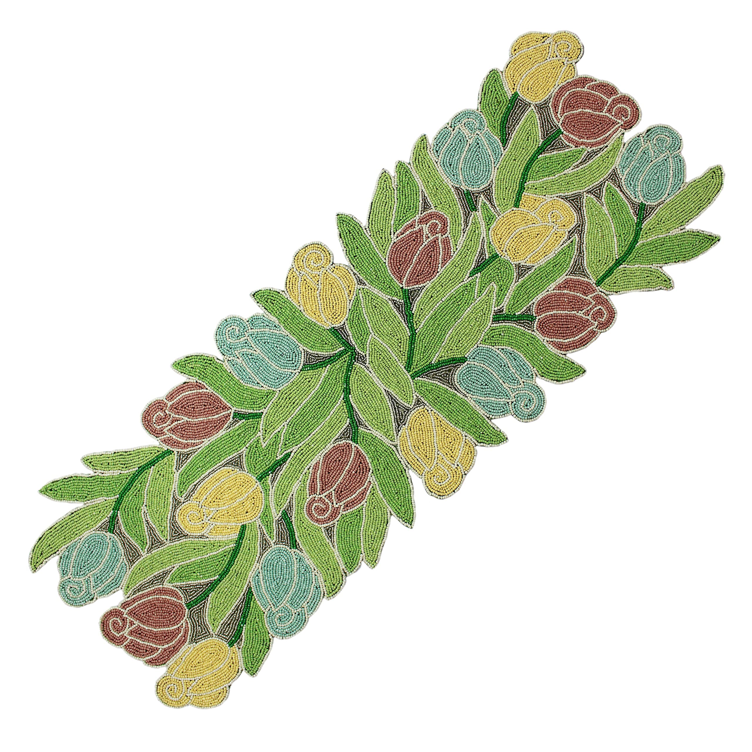 COTTON CRAFT Happy Hunting Handmade Beaded Table Runner - Easter Tulips Spring Floral Bunny Rabbit - Luncheon Dinner Celebration Festive Party Tabletop Décor Tablerunner - 13x36 - Easter Spring Multi