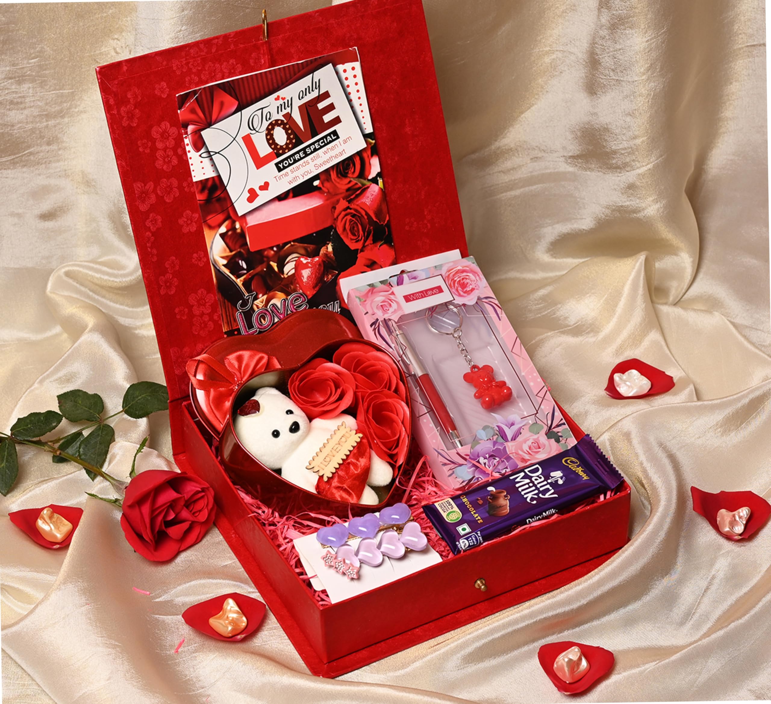 Valentine gift for girlfriend/valentine gift box/valentines day gift-Red coloured love box+Cadbury dairy Milk chocolate+Pair of clips+3pc Roses and Teddy Bear in Heart Box+Set of pen and key chain