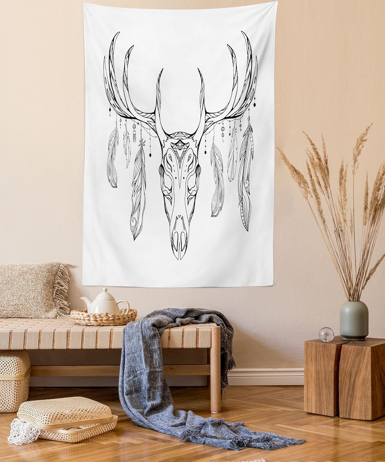 Ambesonne Antlers Tapestry Queen Size, Illustration of a Deer Skull Bone and Feathers Boho Pattern Tribal, Wall Hanging Bedspread Bed Cover Wall Decor, Queen Size, White Grey