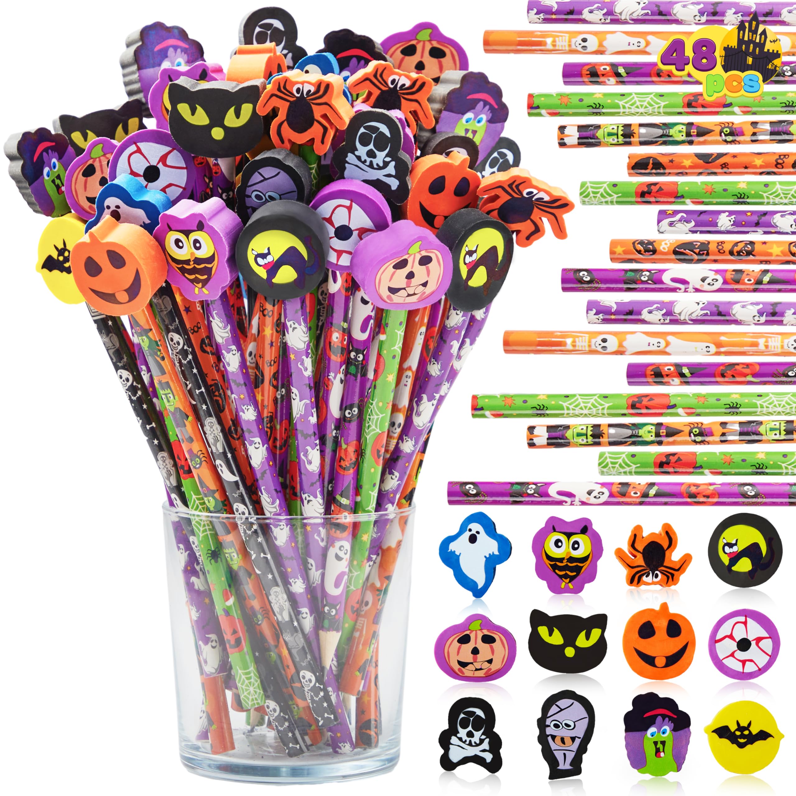 JOYIN Lot de 48 crayons d'Halloween avec gommes, assortiment de 48 crayons de couleur pour enfants en 6 motifs, 48 gommes géantes en 12 styles, fournitures de fête d'Halloween