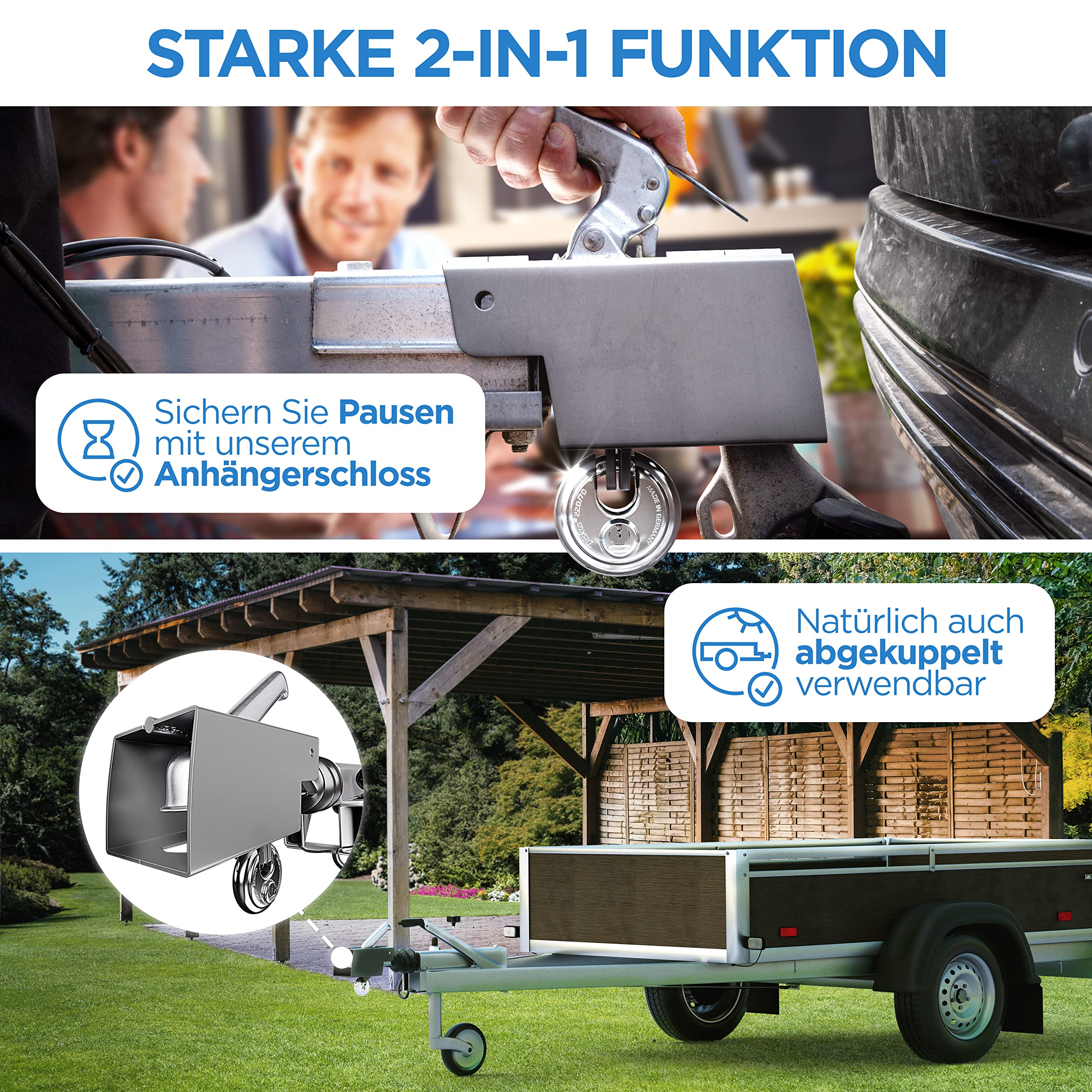 Deagle® ANHÄNGERSCHLOSS MIT ABUS DISKUS – Anhänger Diebstahlsicherung aus Stahl verzinkt & pulverbeschichtet – stabiles Deichselschloss mit Schutzkappe für angekuppelten und abgekuppelten Zustand