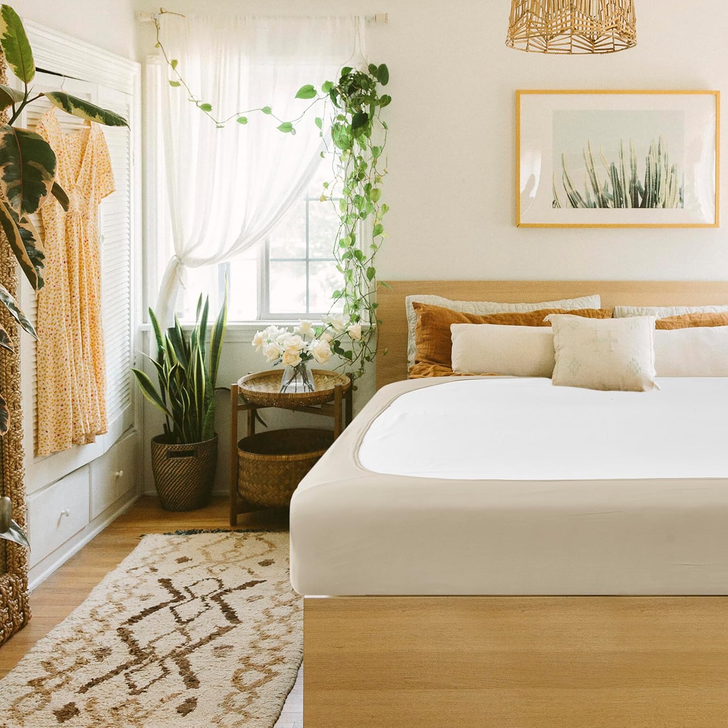 Biscaynebay Decorative Box Spring Cover Queen Size, Light Camel Luxurious Jersey Knitting Stretchy Wrap Around 4 Sides Bed Skirt for Home/Hotels, Easy Fit Wrinkle & Fade Free Machine Washable