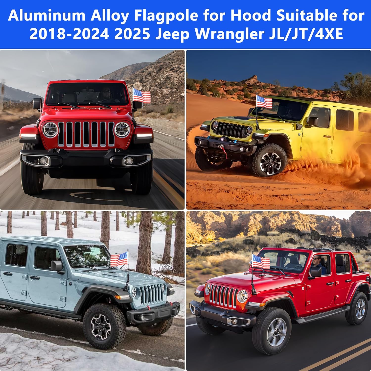 for JL Flag Mount Holder, Hood Latch Mounting Whip Flag Bracket for 2018-2025 2026 Jeep Wrangler JL 2/4 Door 4XE Gladiator JT 360° Adjustable Aluminum Alloy Black