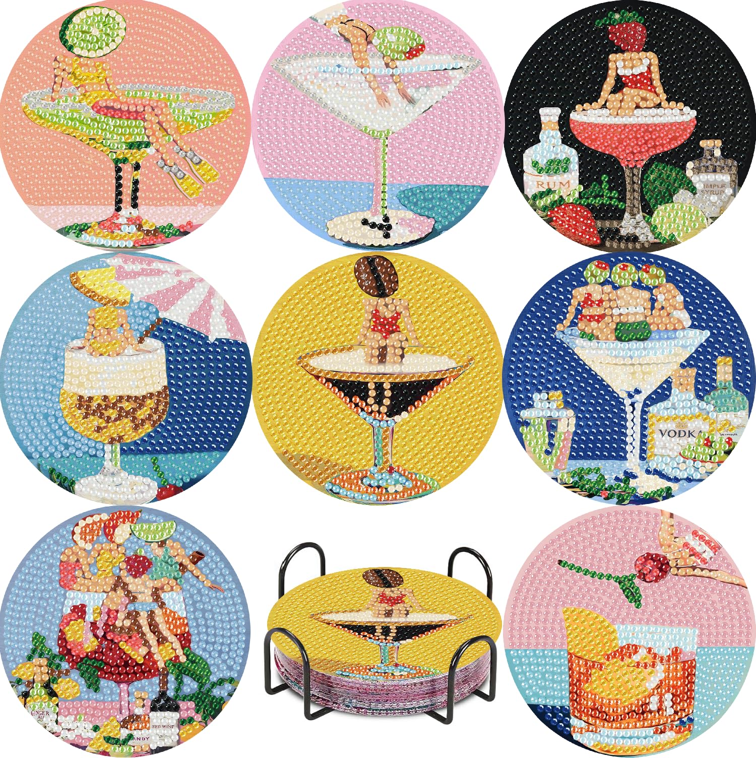 Jakener Coaster-Cocktail Glass 8 Pcs Diamond Art Coasters Kits Adults With Holder, Beauty Cocktail Diamond Painting Coasters For Adults Kids, Fun 5D Diy Full Round Drill Diamond Dot Crystal Gem Art Craft Supplies