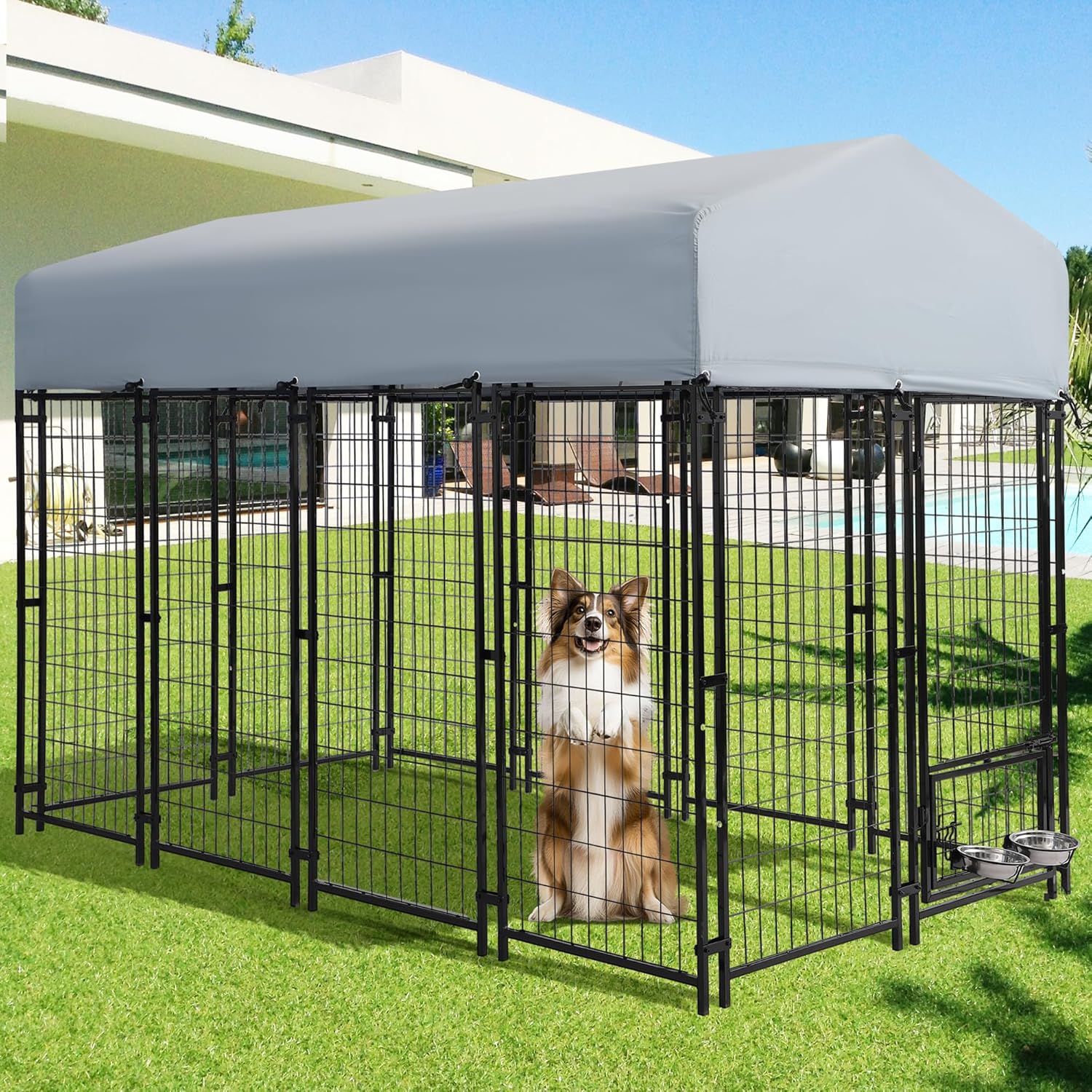 Grepatio 8x4x5.7 FT Outdoor Dog Kennel with Roof, Heavy Duty Dog Cage for Large Dogs, Outside Dog Enclosure with 2 Rotating Dogs Bowls, Welded Wire Steel Dog Kennel Run Playpen Fence with Secure Lock