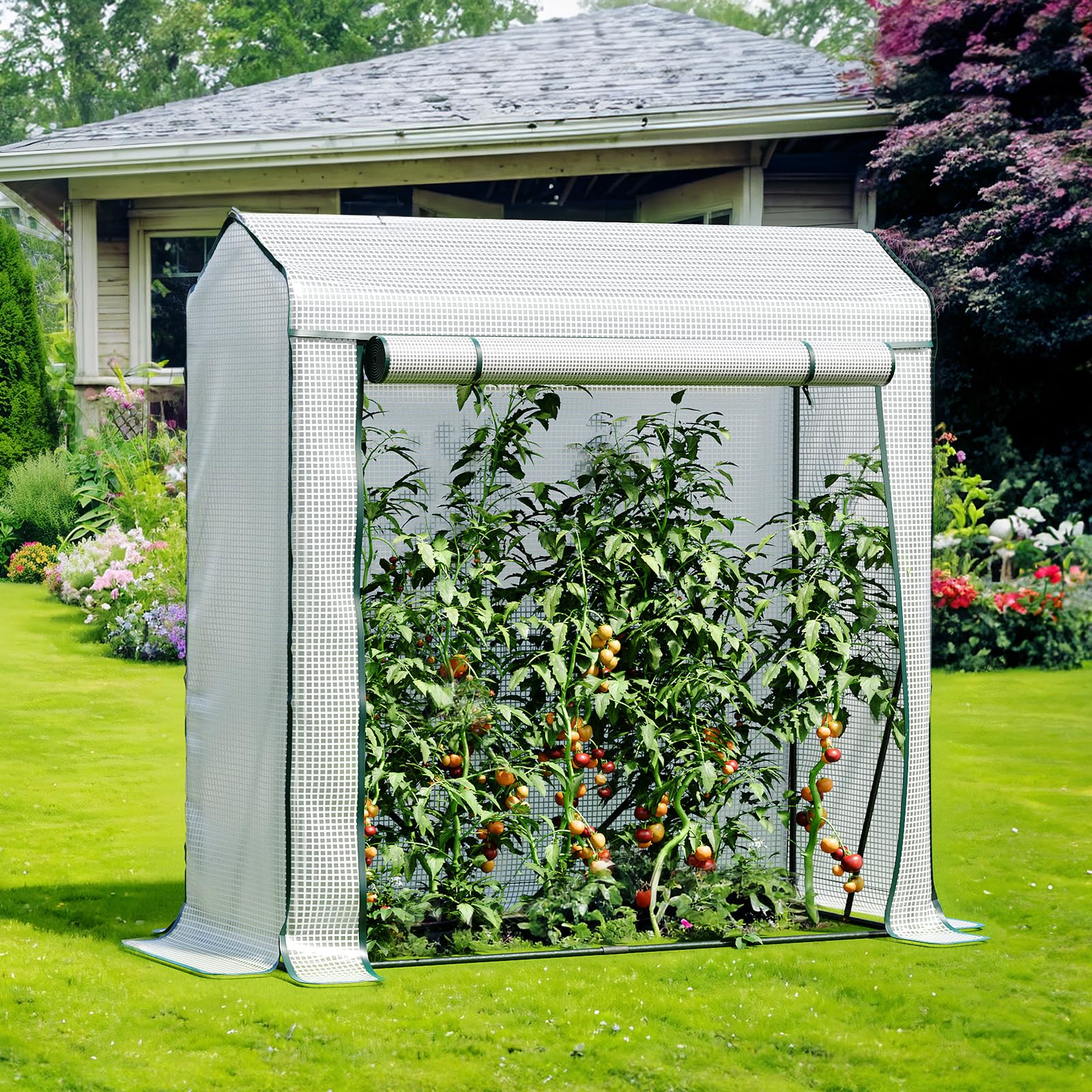 LARMNEE Serra da Giardino in PE con Tetto a Punta, 150 x 50 x 150 cm, con Porta Arrotolabile, Anti UV, per Pomodori, Frutta, Fiori, Piante, per Cortile, Esterni, Bianco EWT31GH02