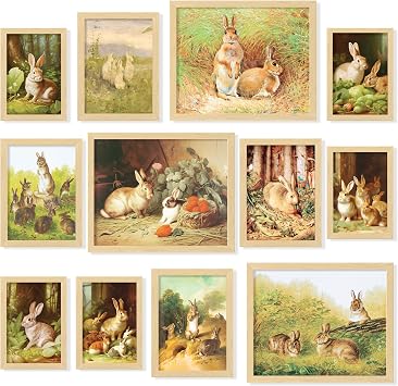 97 Decor Bunny Easter Wall Art - Nursery Bunny Pictures Wall Decor, Vintage Rabbit Art Print, Rustic Bunny Rabbit Poster, Farmhouse Spring Gallery Painting Artwork for Easter Decorations Unframed