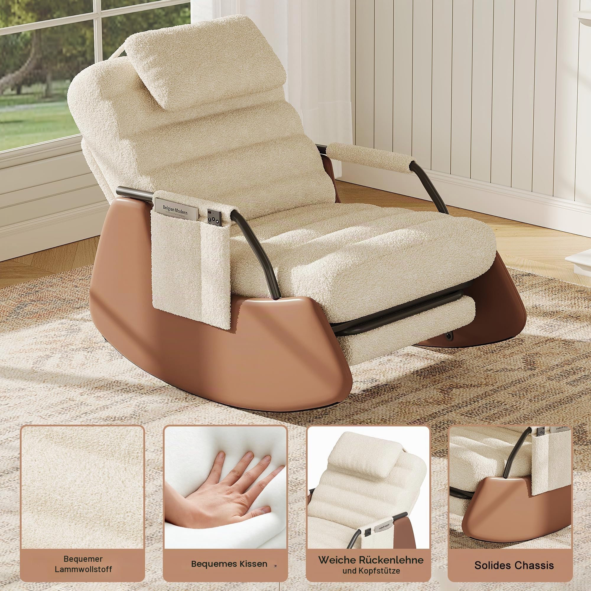 Schaukelstuhl mit Fußstütze, Rückenlehne verstellbar, 3 Positionen, Schaukelstuhl, Relaxsessel mit Kopfstütze, Armlehnen aus Holz, für Wohnzimmer, Schlafzimmer, Lesen (Lammfell, Beige A)