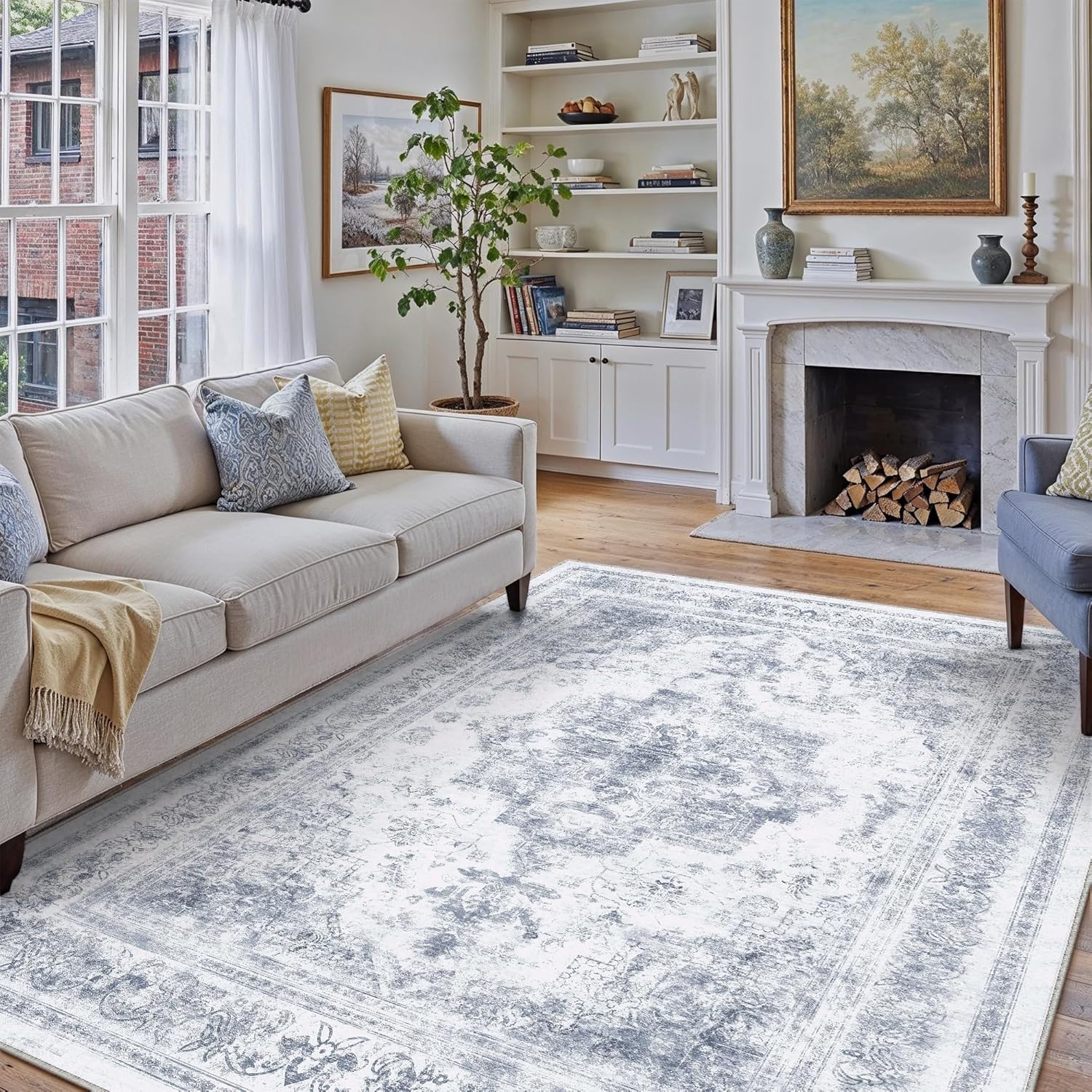 Washable Rug 8x10 Area Rug for Living Room Blue Vintage Boho Medallion Large Distressed Retro Carpet Non Slip Indoor Low Pile Small Soft Bedroom Dining Room Home Office