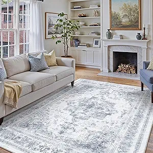 Washable Rug 8x10 Area Rug for Living Room Blue Vintage Boho Medallion Large Distressed Retro Carpet Non Slip Indoor Low Pile Small Soft Bedroom Dining Room Home Office