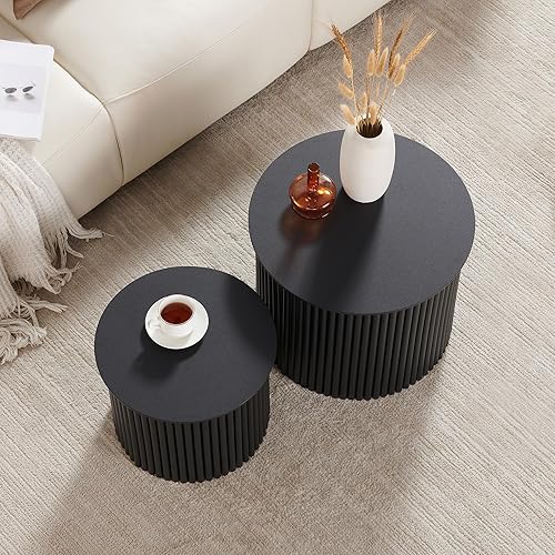 Miniatura 58 de AVZEAR Juego de 2 mesas de centro redondas anidables, mesa auxiliar moderna de granja, mesas anidables de madera natural, mesa auxiliar bohemia para