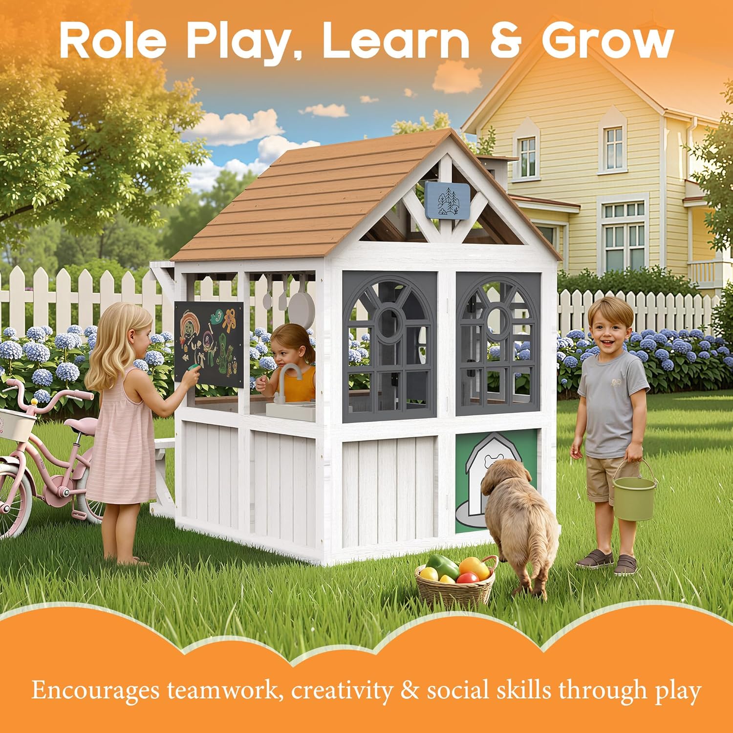 Albott Kids Outdoor Wooden Playhouse with Kitchen Set, Chalkboard, Durable Fir Wood Construction with Waterproof Roof & Rust-Resistant Hinges, Pretend Playhouse for 3–8 Years Old Boys & Girls