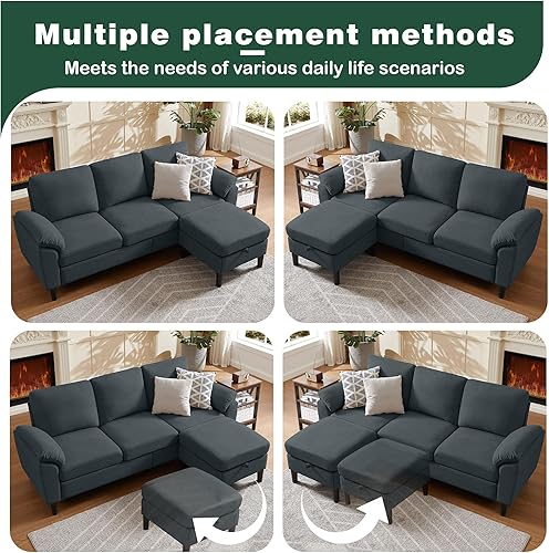 Miniatura 7 de Sofá Seccional Convertible de 79", Sofá Moderno de Lino Pequeño en Forma de L con Chaise Reversible y Otomana de Almacenamiento, Sofá de 3 Asientos