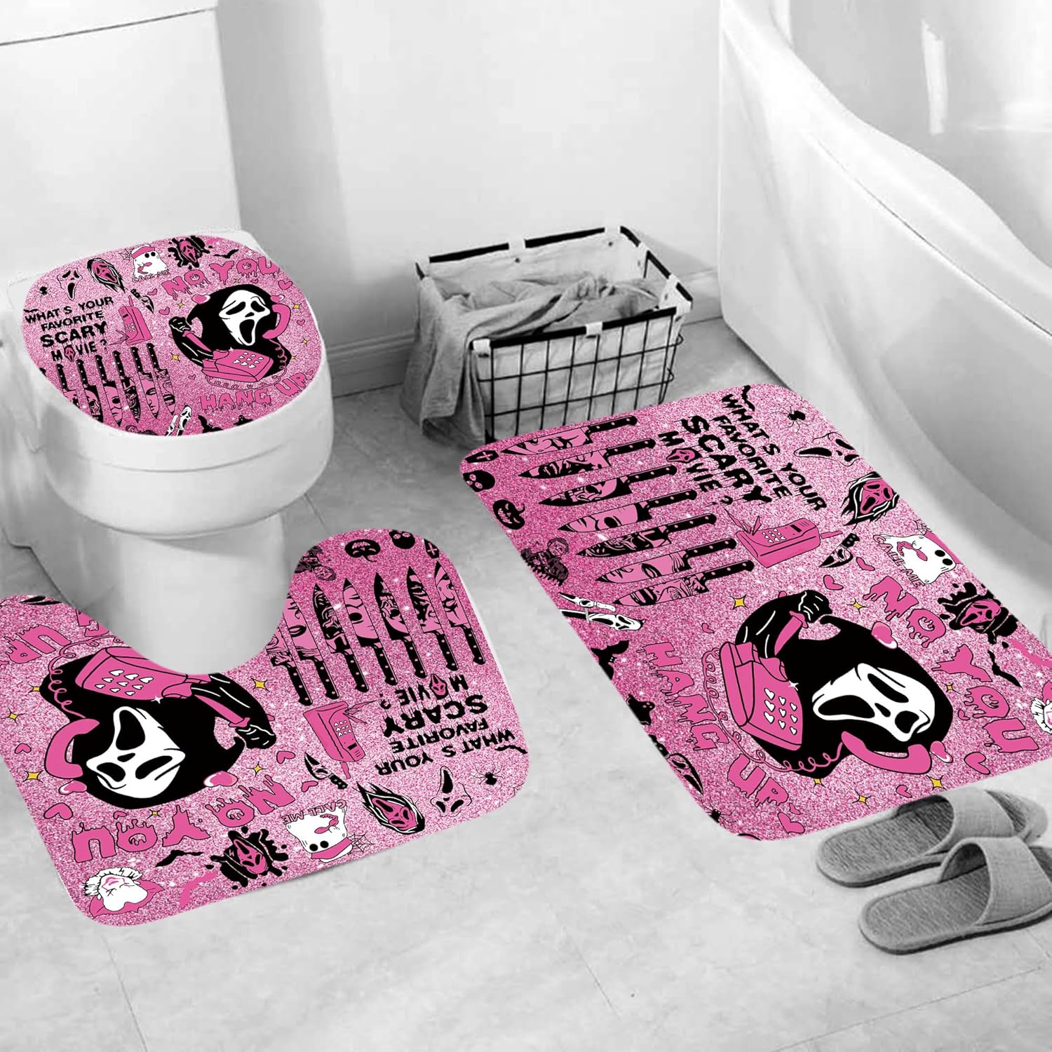 4Pcs Halloween Shower Curtain Set Gothic Pink Scary Shower Curtain Set for Halloween Bathroom Decor with Anti-Slip Waterproof Bathtub Bathroom Rugs Toilet Lid Cover