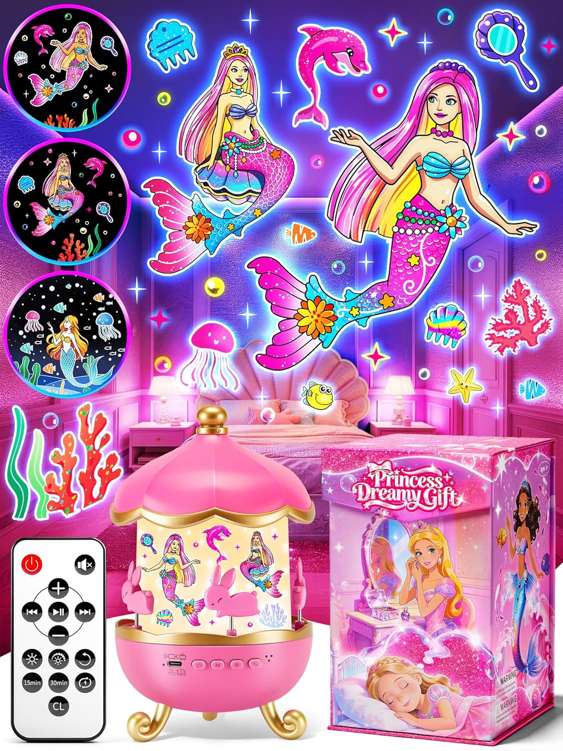 Little Mermaid Toys, 15 Soothing Sounds+18 Films+378 Colors Kids Night Light Projector, 360°+Remote+Cordless+Pink Mermaid Birthday Gifts for Girls, Princess Toys Princess Room Decor[Dreamy Packaging]