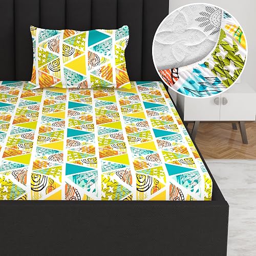 Divine Casa 144 TC Cotton Geometric Print Single Bedsheet with Elastic Fitted with 1 Pillow Cover - 198 x 90 CM