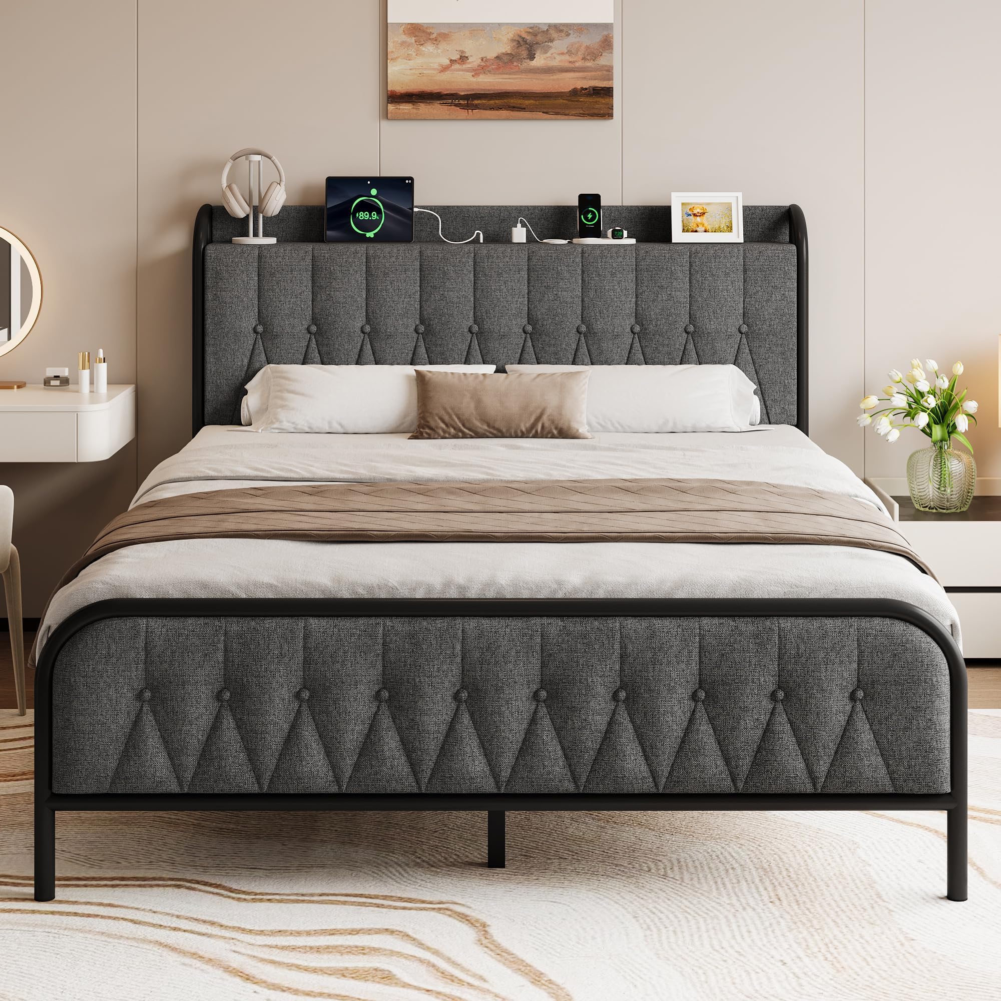 Queen Bed Frame with Charging Station, Platform Bed with Upholstered Storage Headboard & Footboard, 12" Underbed Space, Noise-Free, Easy Assembly, No Box Spring Needed, Dark Gray