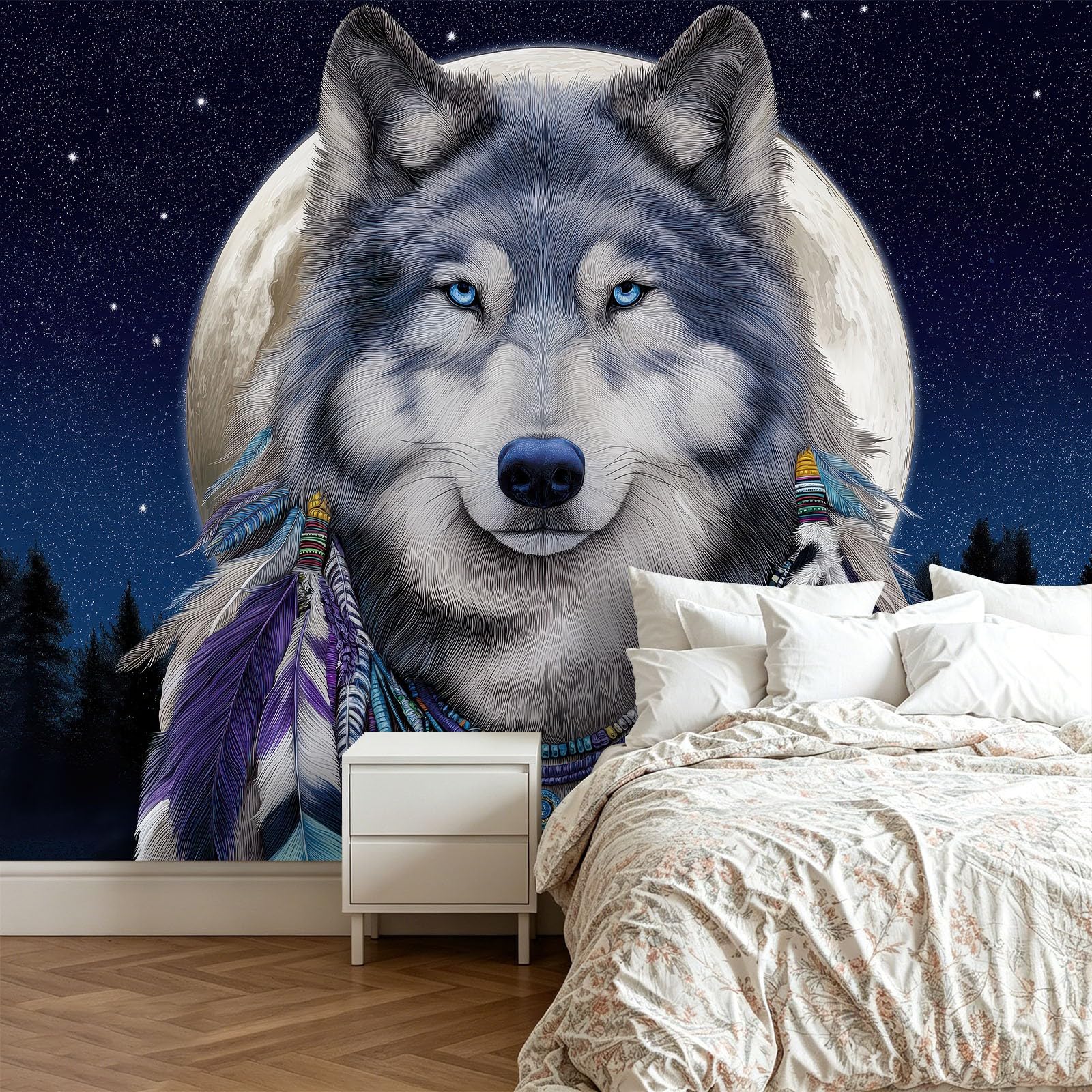 Vlies Tapete Fototapete 3D Effekt Tiere Wolf Traumfänger 250 x 175 cm - Wandbild für Schlafzimmer - Vliestapete Wandtapete für Kinderzimmer Flur Wanddekoration Bildtapete Nachthimmel Sternenhimmel