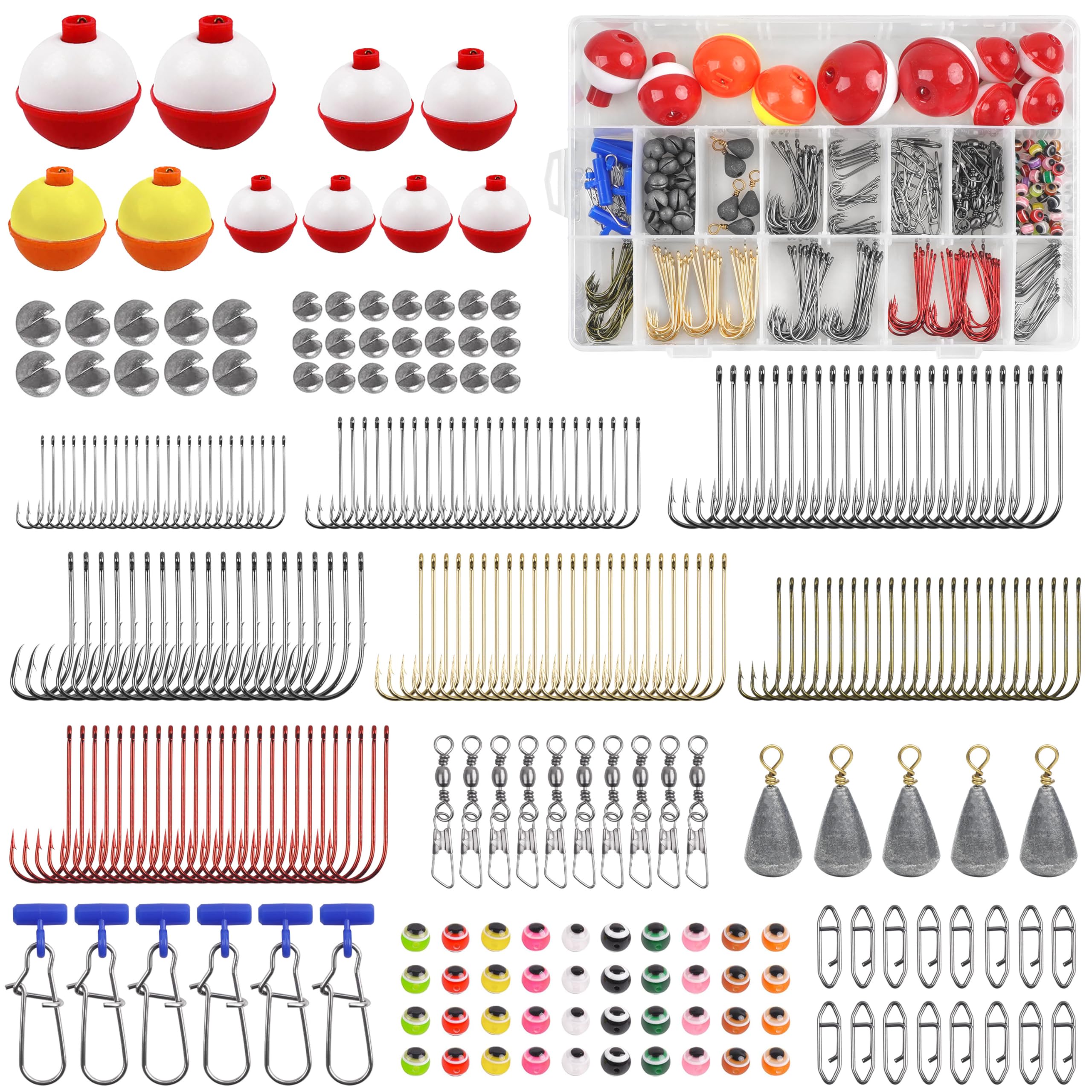 Angelhaken, Bobbers-Set, 286-teilig, Angelausrüstung, Starter-Set mit Haken, Bobber, Gewichten, Drehknöpfen