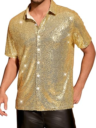 Lars Amadeus Mens Button Down Metallic 70s Sequin Shirts