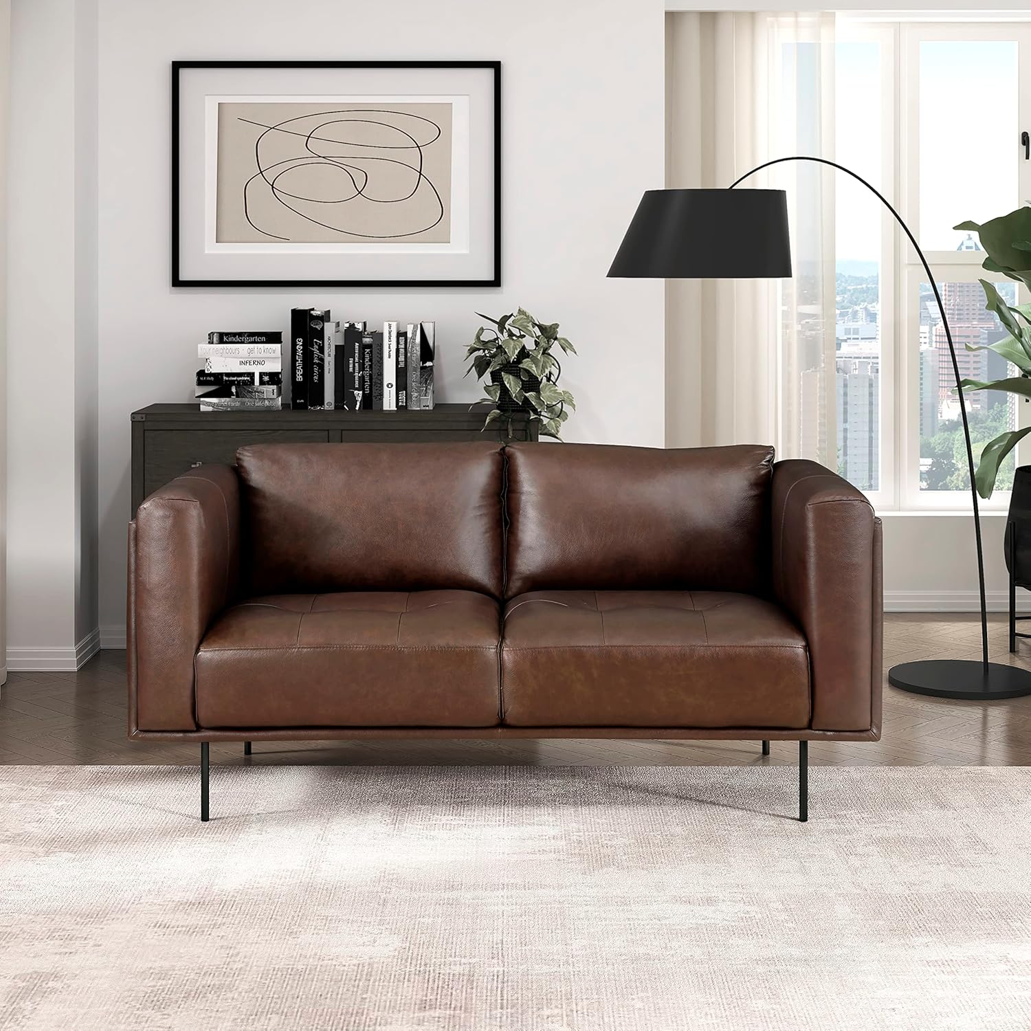 Lexicon Leather Loveseat Sofa, Top Grain Leather Sofa, Modern Couch, Oversized Sofa with Solid Wood Frame and Metal Legs, Couch Leather Sofas for Living Room, Bedroom, Office, 2-Seater Loveseat, Brown