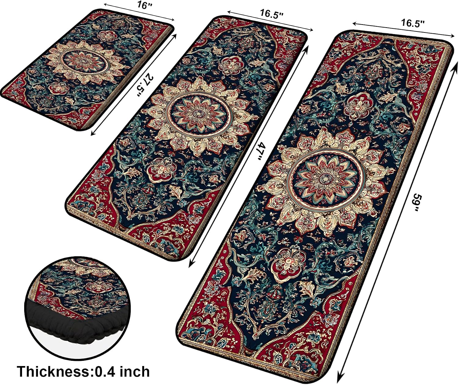 Set of 3 Kitchen Rugs Kitchen Mats for Floor Washable Non Slip Front Door Mat Floor Rug for Home Kitchen Decorations, Sink, Office, Laundry. Multiple Sizes (Mandala, 17"x47"+17"x30"+17"x59")
