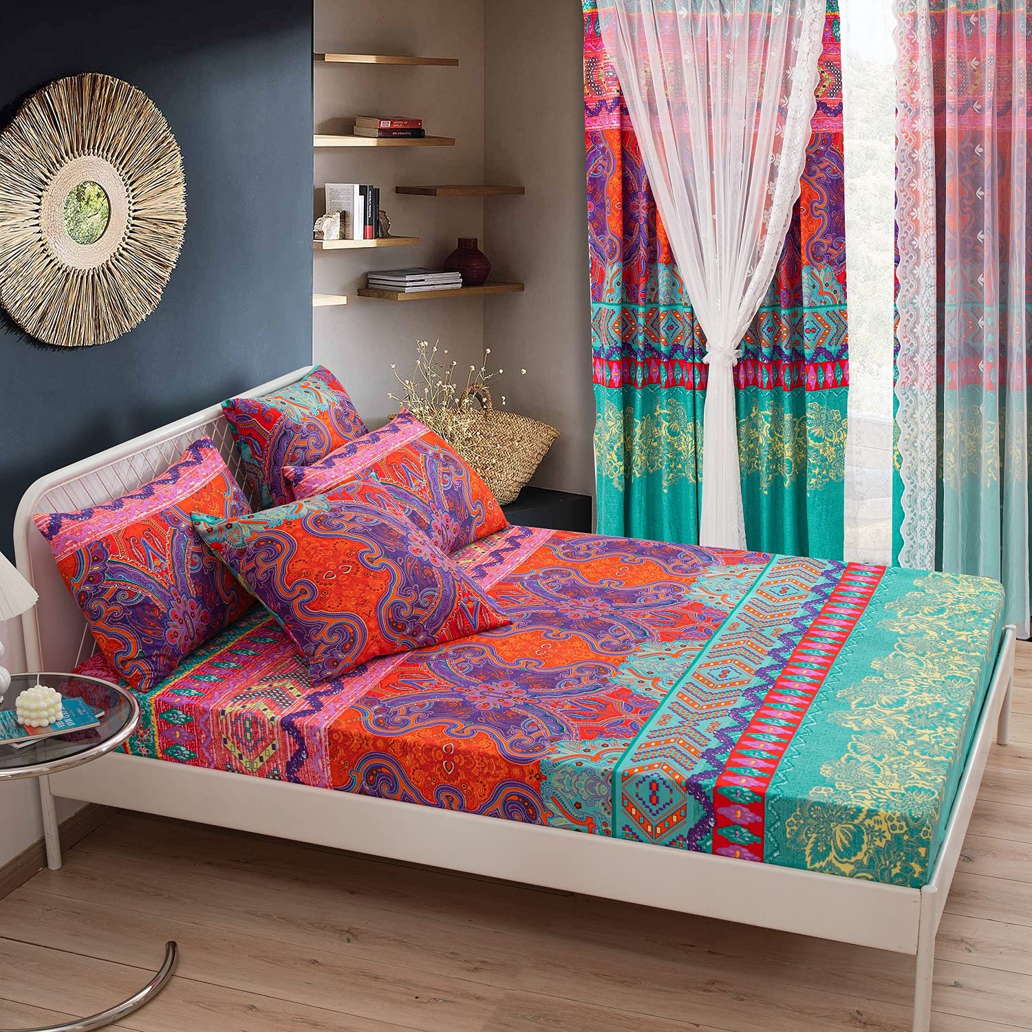 Lanqinglv Fitted sheet 140x200 cm Double Size Brushed Microfibre 35cm Deep Fitted Bed Sheet,Bohemian Colorful Indian Style Fitted Sheet, Bohemian-1