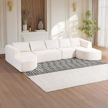 144" Modular Sectional Sofa, Oversized U-Shaped Cloud Couch, Beige | No Assembly Required 24" Deep Memory Foam Seat Curved Chaise Pet-friendly Boucle Fabric Modern Boneless Couch