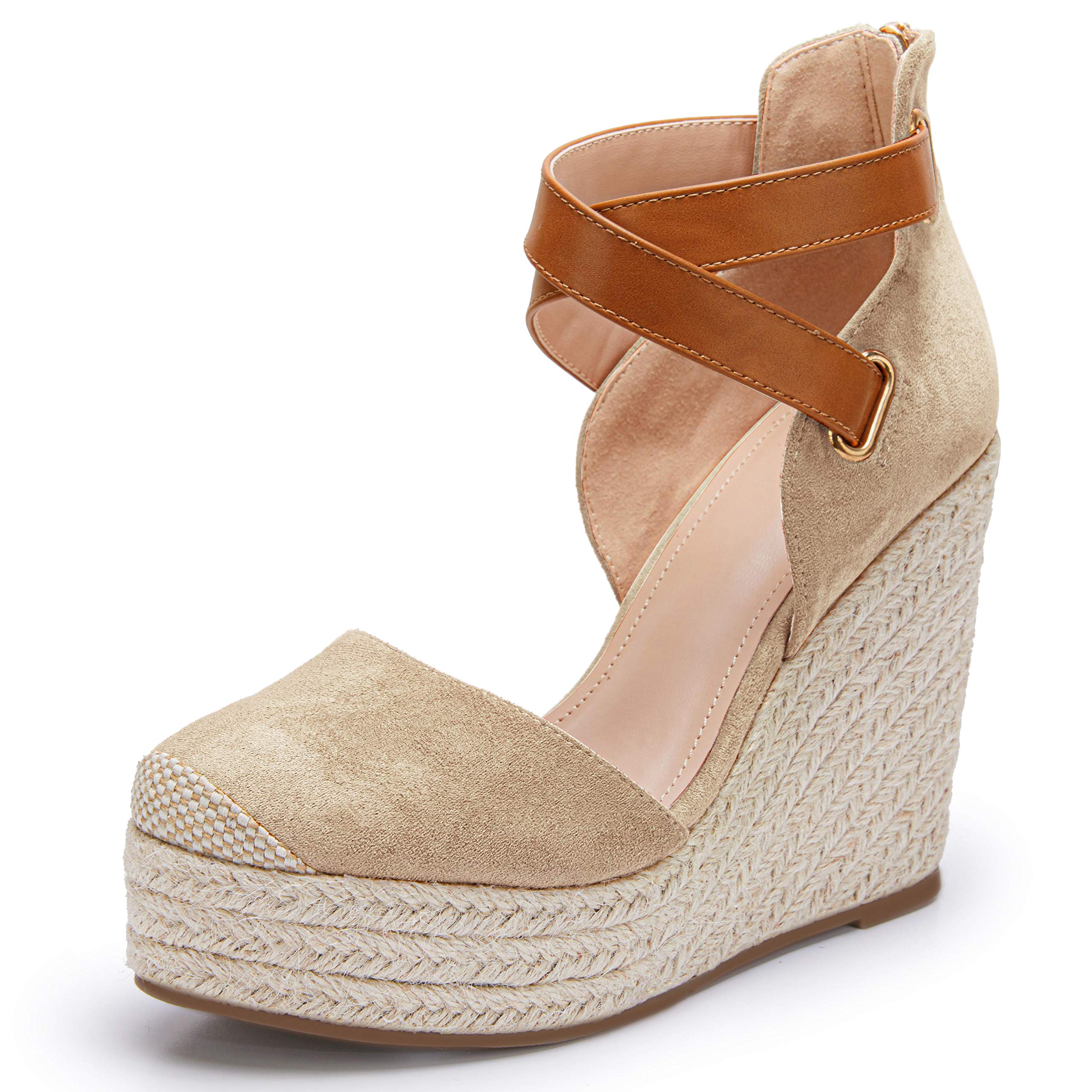 PiePieBuy Womens Wedge Espadrille Ankle Strap Closed Cap Toe Platform Heeled Sandals, size 8.5