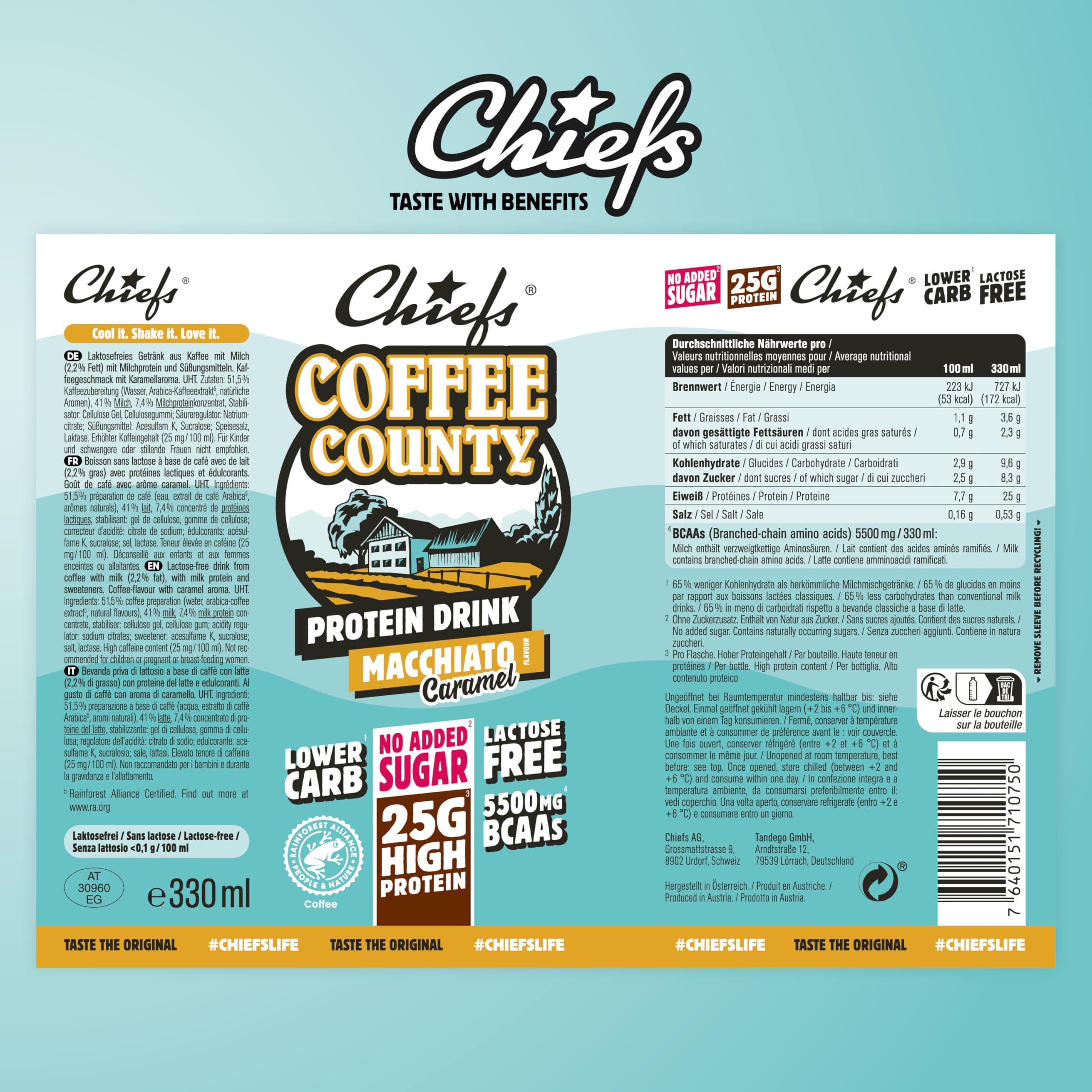 Boisson protéinée - Chiefs Milkshake Macchiato - Sans sucre ajouté et sans lactose - Riche en protéines avec 25 g de protéine - Bouteilles de 8 x 330 ml - Délicieux goût crémeux