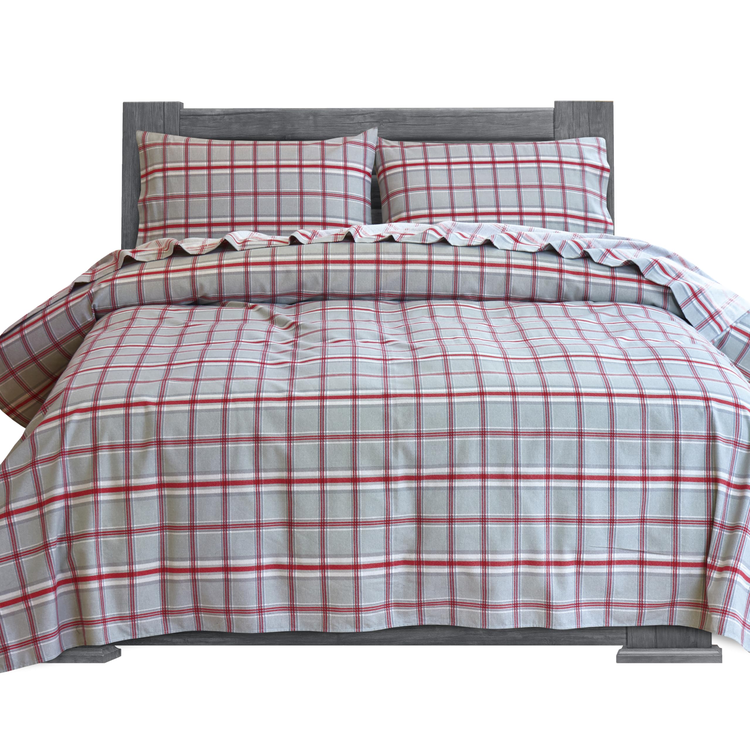 Elegant Comfort Soft 4-Piece 100% Turkish Cotton Flannel Sheet Set - Premium Quality, Deep Pocket Fitted Sheet, Ultra Soft, Cozy Warm Flannel Sheets - King, Plaid Gray