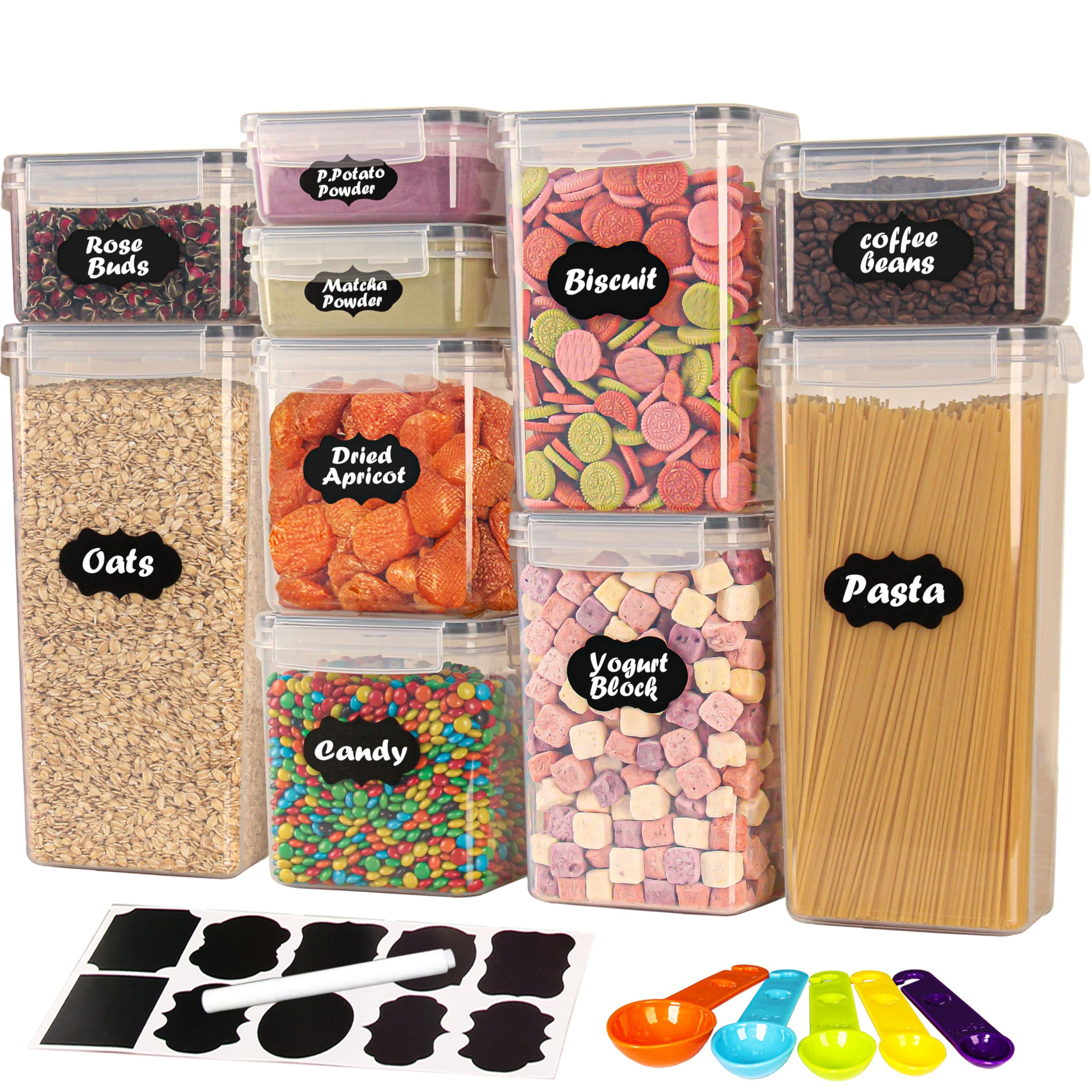 Airtight Food Storage Containers with Lids Set 10 Pack, Clear Plastic Pantry & Kitchen Organizers and Storage for Cereal Flour Pasta Snacks Sugar & Dry Food, BPA Free, with multiple Labels & Spoons