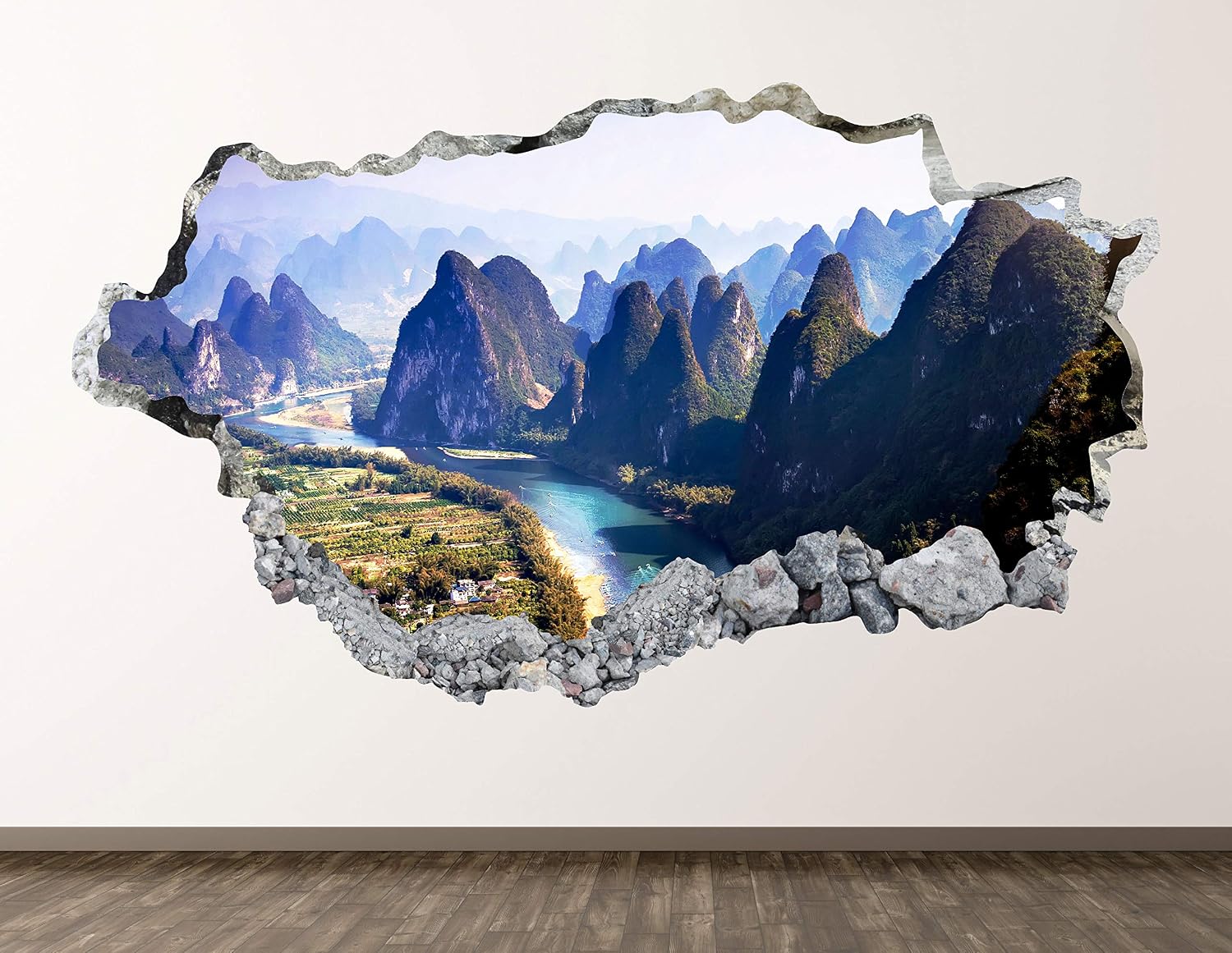 Yangshuo County Wall Decal Art Decor 3D Smashed Amazing Mountains Landscape in South China Sticker Poster Kids Room Mural Custom Gift BL2059 (30"W x 18"H)