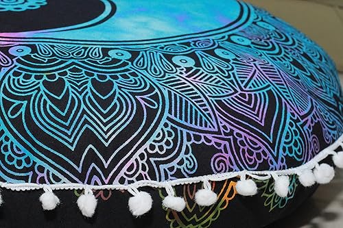 Miniatura 3 de Funda redonda para cojín de mandala, estilo hippie, bohemio, otomana, con pompones, funda decorativa, boho, india, 22 pulgadas (multicolor Yin yang)