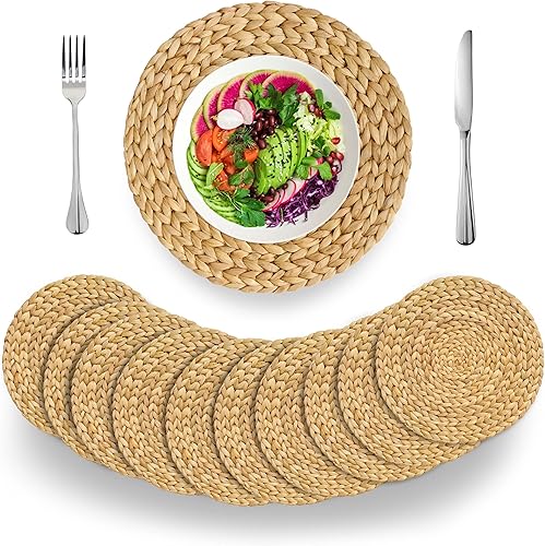 BARIEN Juego de 10 manteles individuales tejidos redondos, tejido de jacinto de agua natural para mesa de comedor, manteles individuales grandes