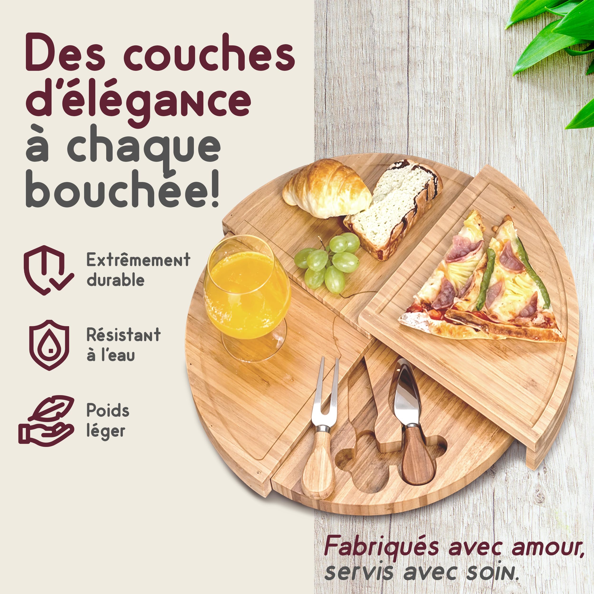 Plateau à Fromage Rond en Bambou avec Couteau à Fromage, Plateau de Service Tournant en Bois à 4 Couches, Plateau en Bois Coulissant pour Charcuterie, Amuse-Bouches et Planche Apéro.