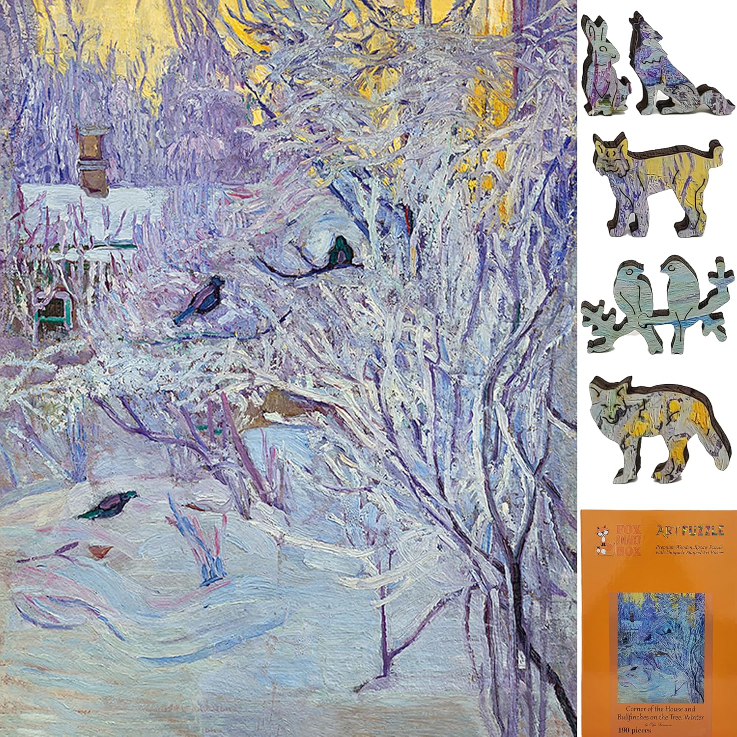 Large Format Wooden Puzzle for Adults and Seniors - Large Pieces Puzzle - Uniquely Shaped Pieces - Made in The USA by FoxSmartBox - 190 Pieces - Corner of the House and Bullfinches on the Tree. Winter